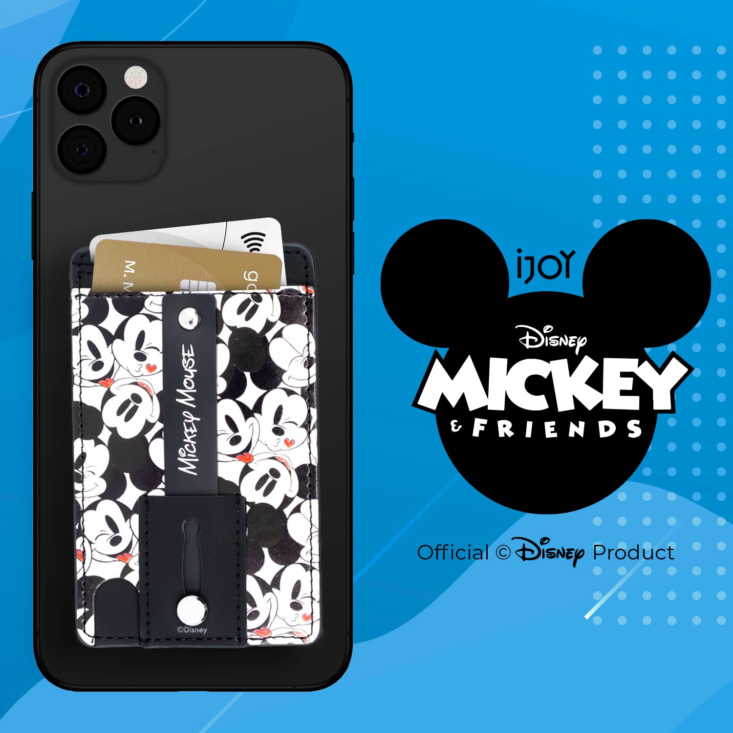 Disney Mickey Mouse Adhesive Phone Wallet Card Holder - Stick On Cell Phone Grip with Built-in Finger Strap & Kickstand - Compatible with iPhone & Smartphones - Perfect for Travel, Shopping & Daily Use (Black)