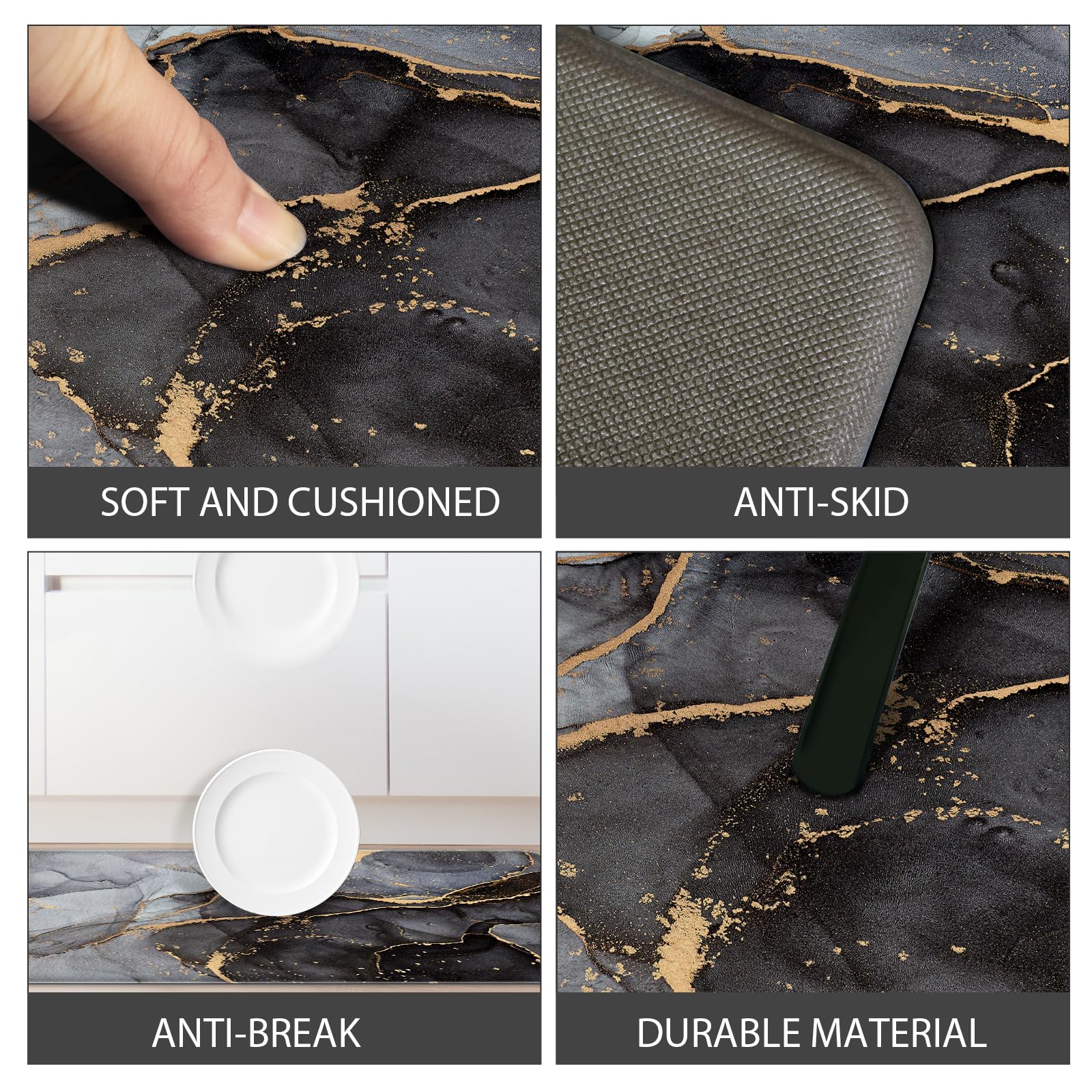 Premium Anti-Fatigue Kitchen Mat Set - 2 Pack Cushioned Memory Foam Floor Mats, Non-Slip Waterproof Kitchen Rugs in Black & Gold for Standing Comfort - Ideal for Kitchens, Laundry Rooms & Workstations