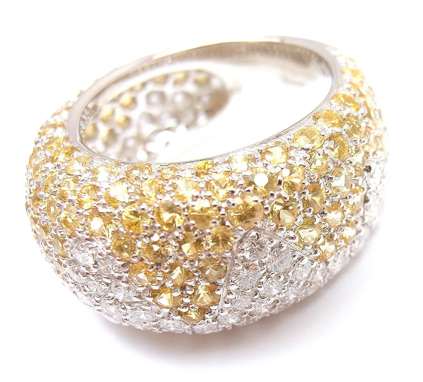 Authentic Chopard 18K White Gold Yellow Sapphire Diamond Wave Wide Band Ring for Women - Luxury Statement Jewelry for Weddings, Anniversaries & Special Occasions