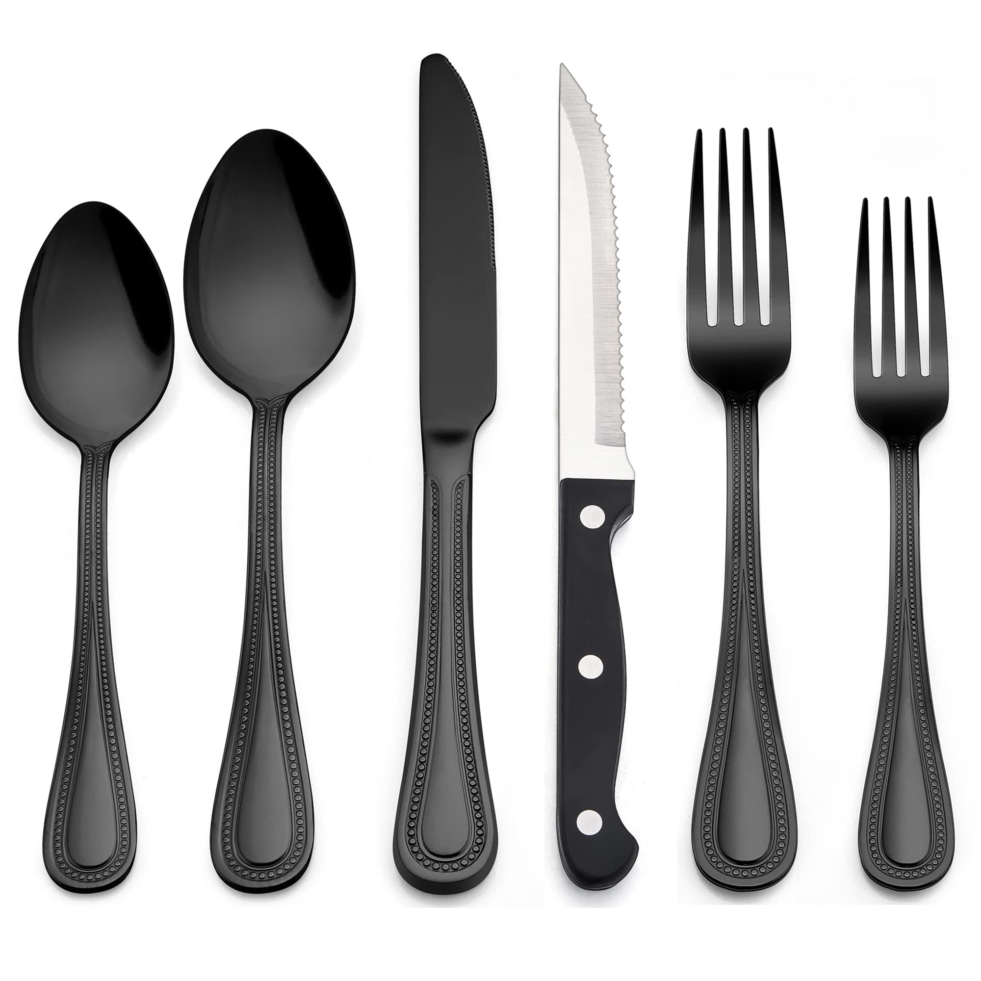 36-Piece Stainless Steel Flatware Set for 6 - Black Silverware with Steak Knives, Beaded Edge Design - Dishwasher Safe Cutlery for Kitchen, Restaurant & Hotel - Perfect for Fine Dining, Dinner Parties & Formal Events