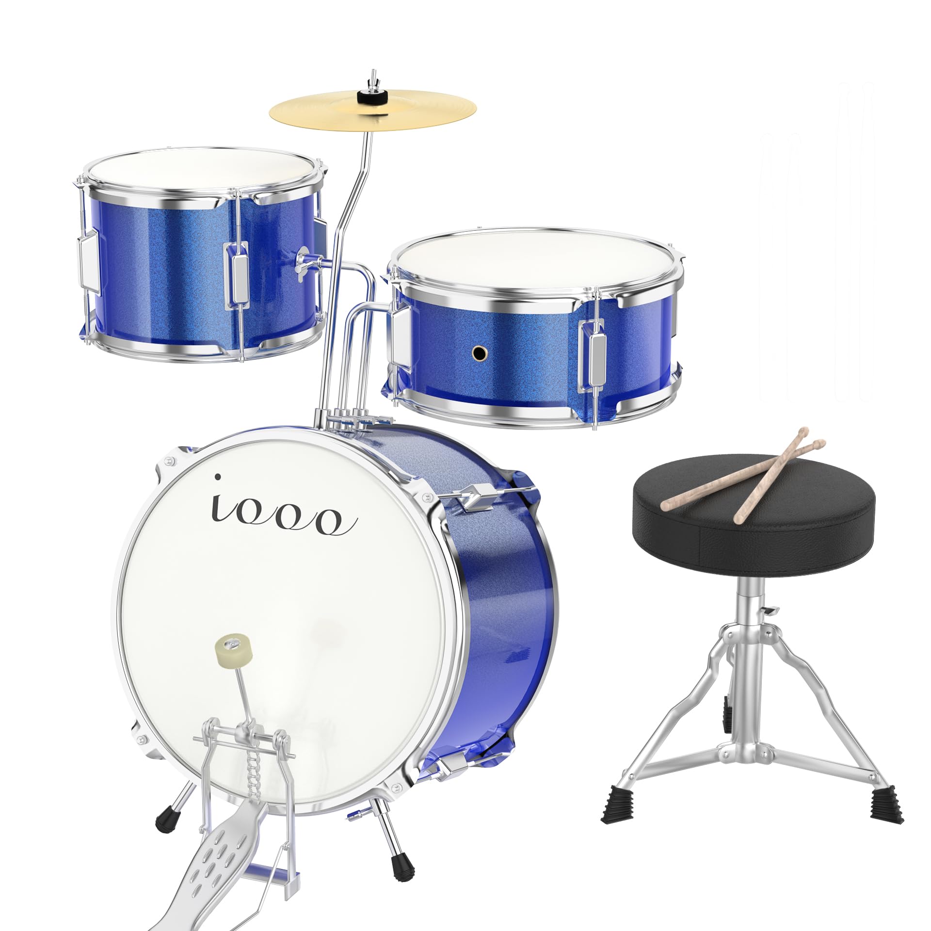 Blue 3-Piece Beginner Drum Set Kit with Throne Stool - Kids Starter Drum Kit for Learning & Practice - Perfect for Home, School & Music Classes