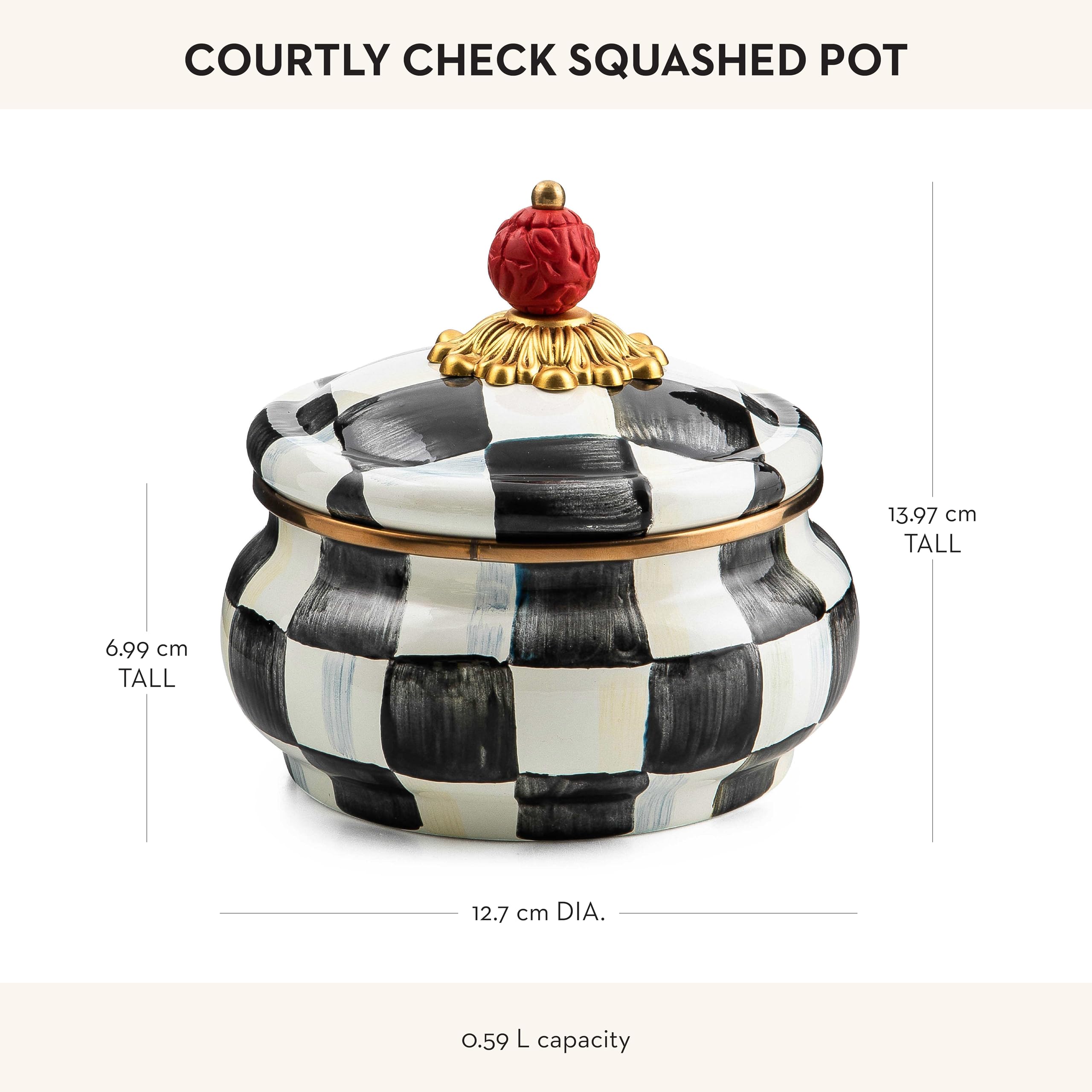 MACKENZIE-CHILDS Enamel Squashed Pot with Lid - 20oz Black & White Courtly Check Design - Cute Enameled Container for Kitchen Storage, Picnics & Home Decor