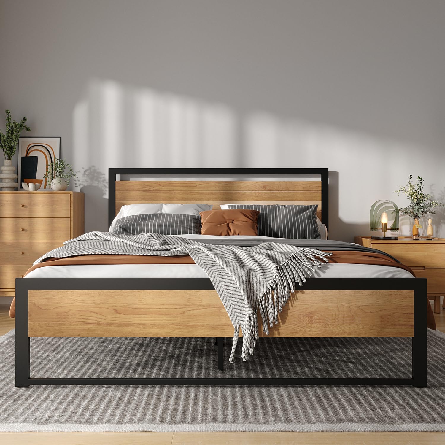 BONSOIR King Size Bed Frame - Sturdy Steel Platform with Wooden Headboard & Footboard, Heavy Duty Support for Master Bedroom - Perfect for Home, Apartment, and Guest Room Use