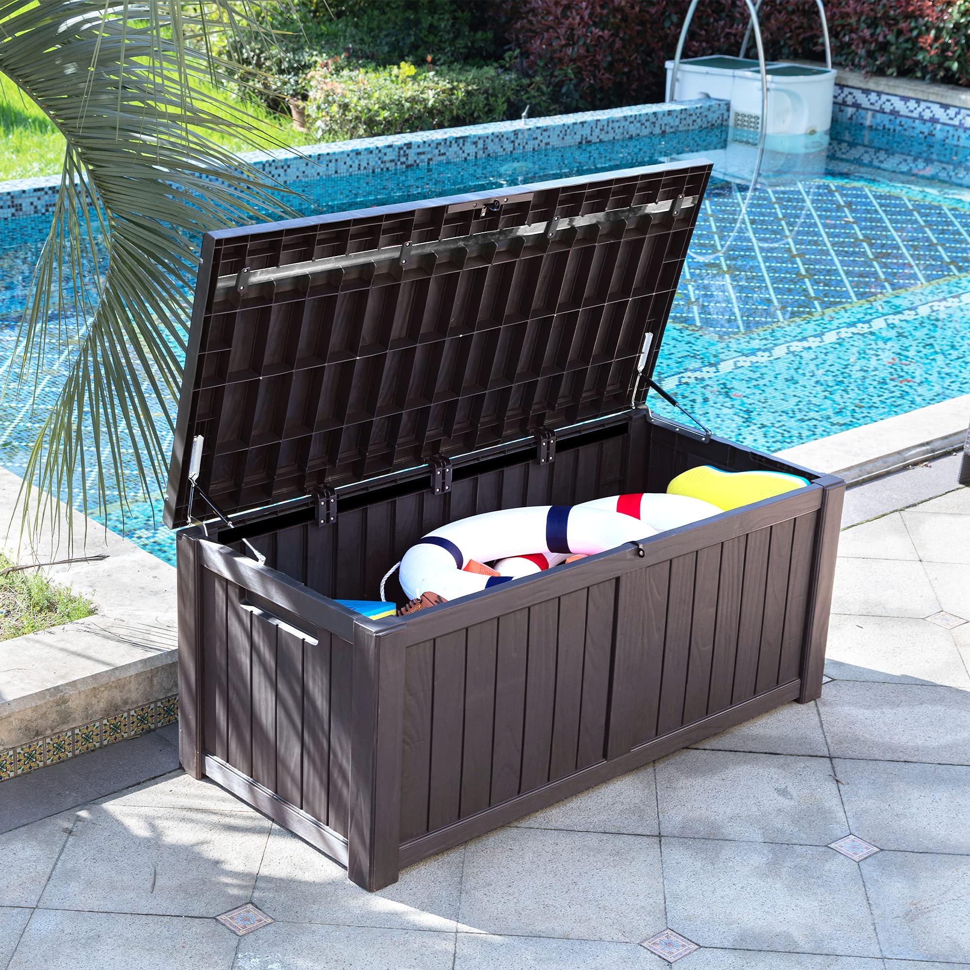 YITAHOME 120 Gallon Outdoor Storage Deck Box - Large Waterproof Resin Patio Storage Container for Garden Tools, Pool Supplies & Outdoor Cushions - Lockable Deck Box (Brown) - Perfect for Backyard, Patio & Poolside Organization
