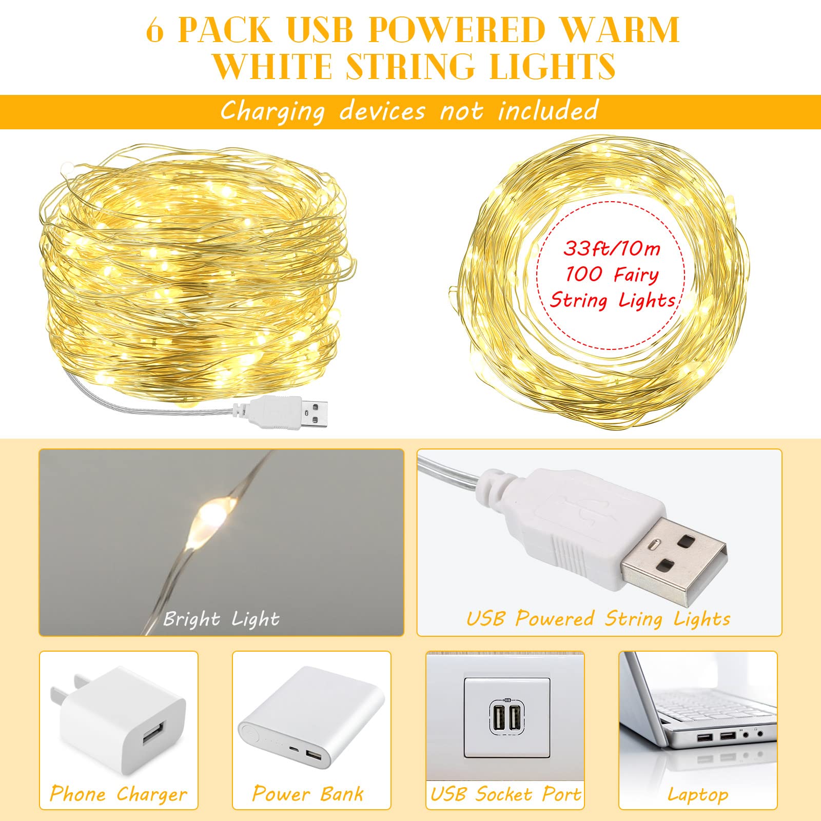 Macarrie 6 Pack 33ft USB LED Fairy String Lights - 100 Warm White LEDs for Indoor & Outdoor Decor, Wedding, Party, Garden, Christmas Tree, and Home Festival Lighting - Perfect for Bedroom, Patio, and Holiday Decorations