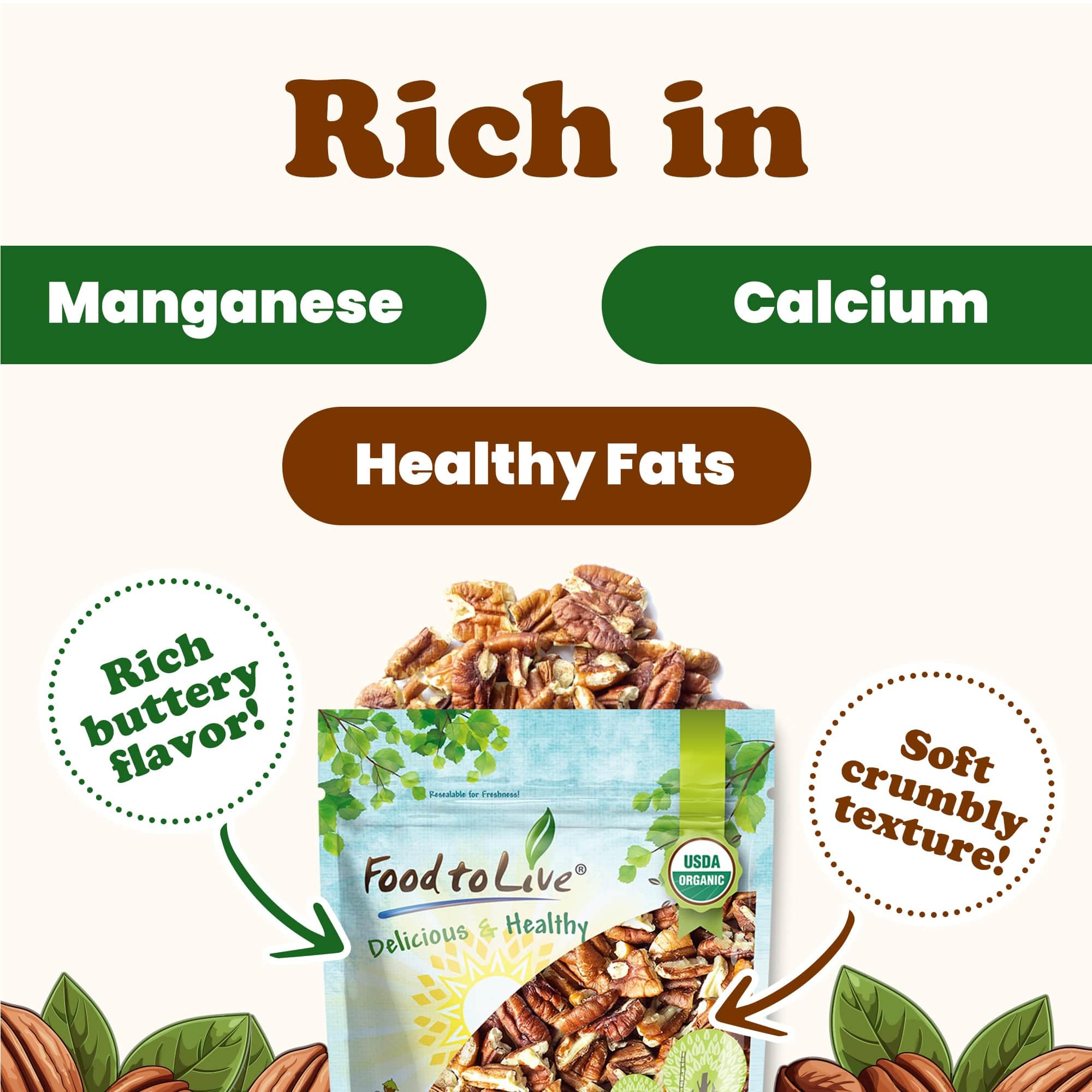 Food to Live Organic Pecan Pieces, 9 Pounds – Raw, Chopped, Non-GMO, Unsalted, Unroasted, Kosher, Shelled, Vegan, Keto, Sirtfood, Bulk Pecans | High in Iron & Calcium | Perfect for Baking, Snacking, Salads & Healthy Recipes