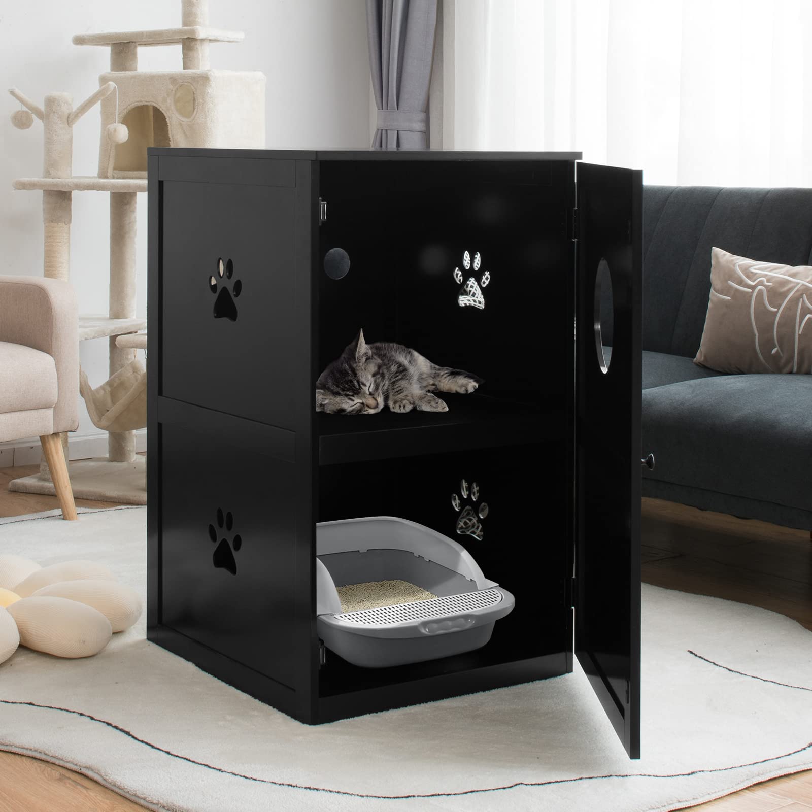Tangkula 2-Tier Cat Litter Box Enclosure - Hidden Cat Washroom Furniture with Privacy Design, Anti-Toppling Device & Ventilation for Large Cats (Black) | Perfect for Home, Apartment & Pet-Friendly Spaces