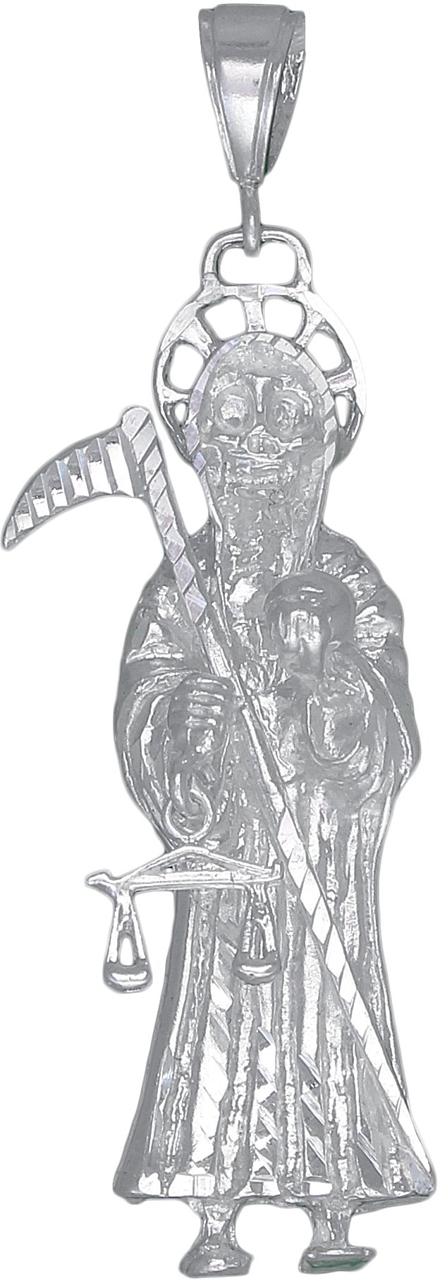 Sterling Silver Santa Muerte Pendant Necklace with Moving Scale - 2.85 Inch Religious Jewelry for Protection & Blessings - Perfect for Day of the Dead, Spiritual Gifts & Gothic Fashion