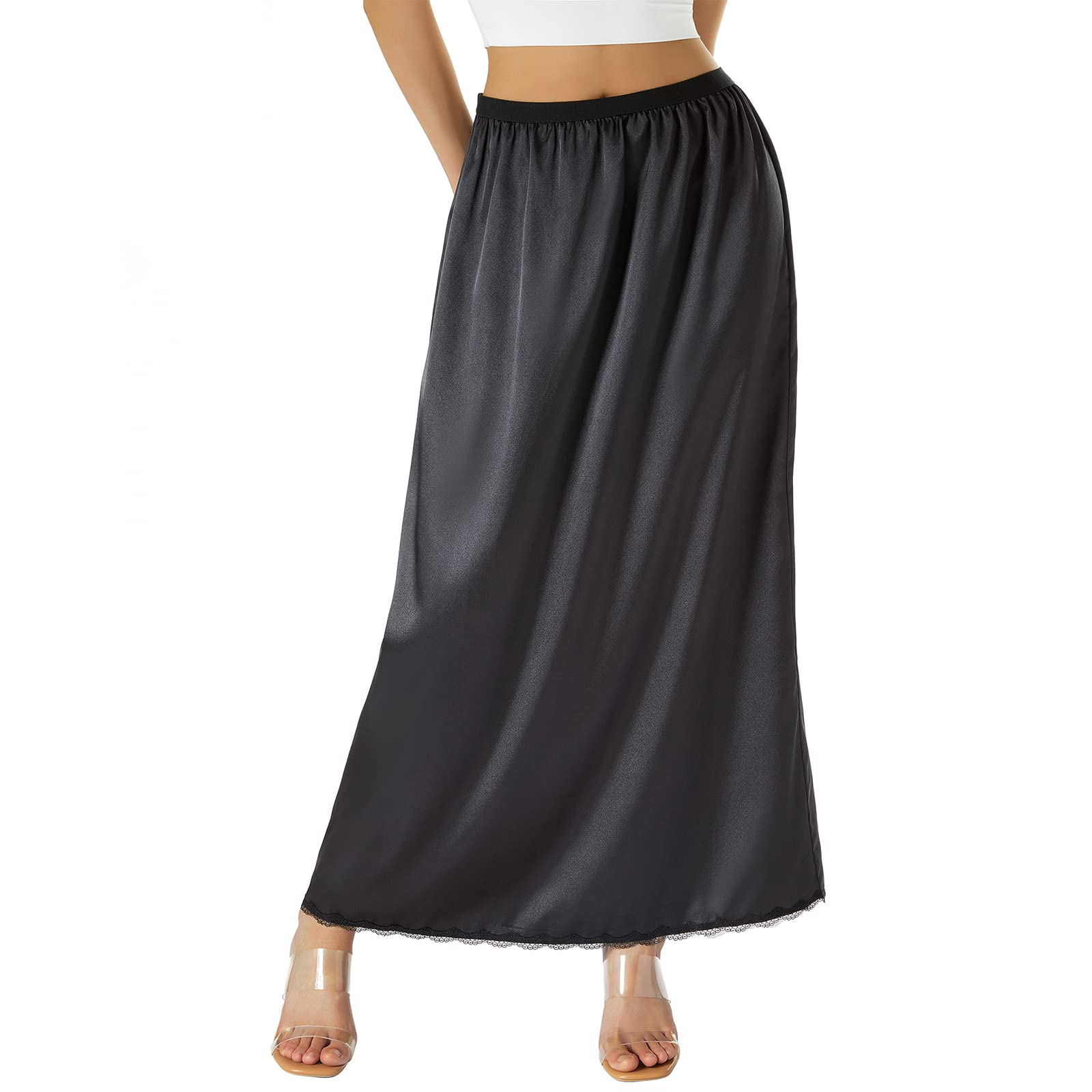 FULA-bao Women's Satin Half Slip Underskirt - Long Lace Trim Dress Extender for Maxi Skirts & Dresses | Perfect for Weddings, Church & Formal Occasions