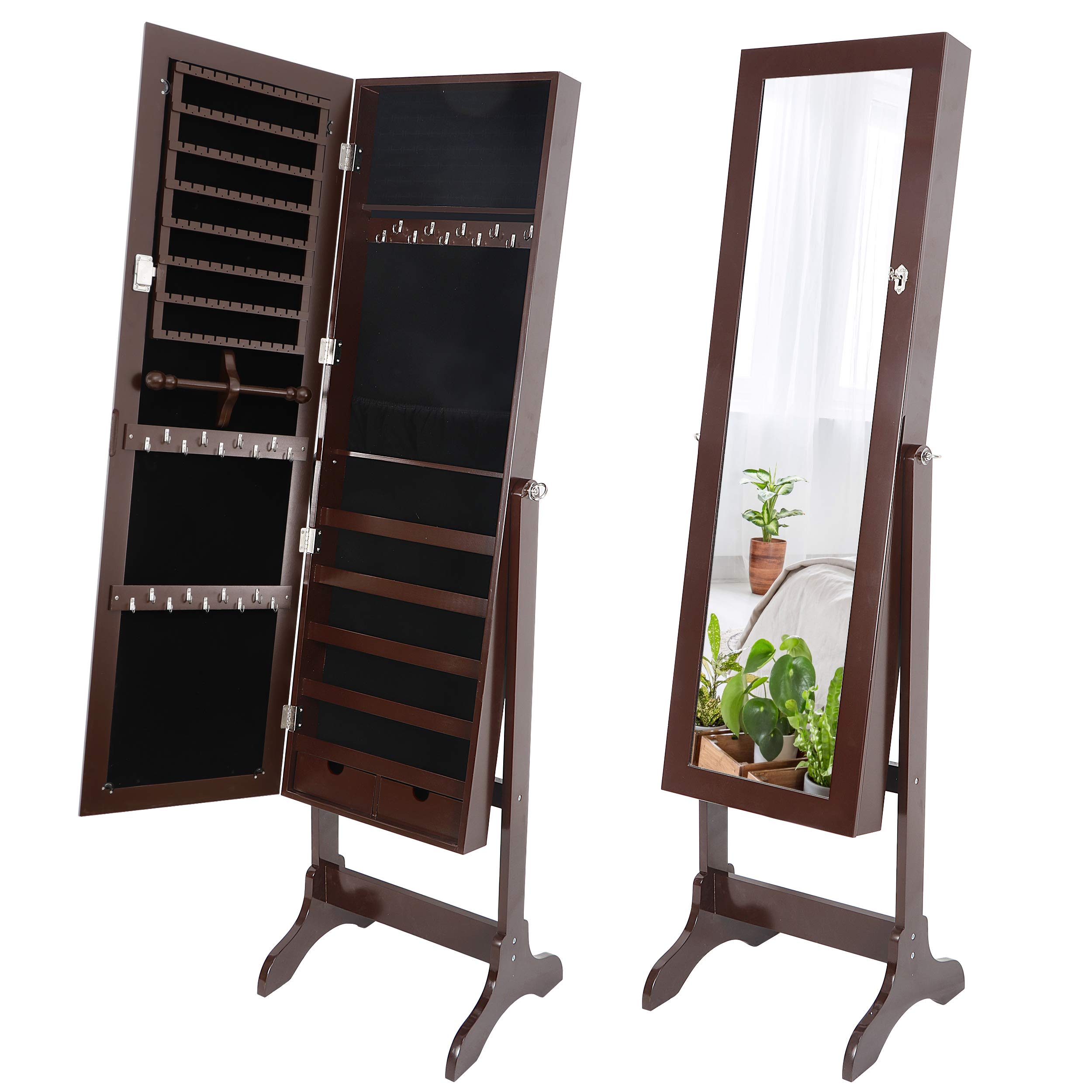 ZenStyle Full Length Mirror Jewelry Cabinet Armoire with Lock - Adjustable 4 Angles, 2 Storage Drawers, Brown - Perfect for Bedroom, Dressing Room & Closet Organization