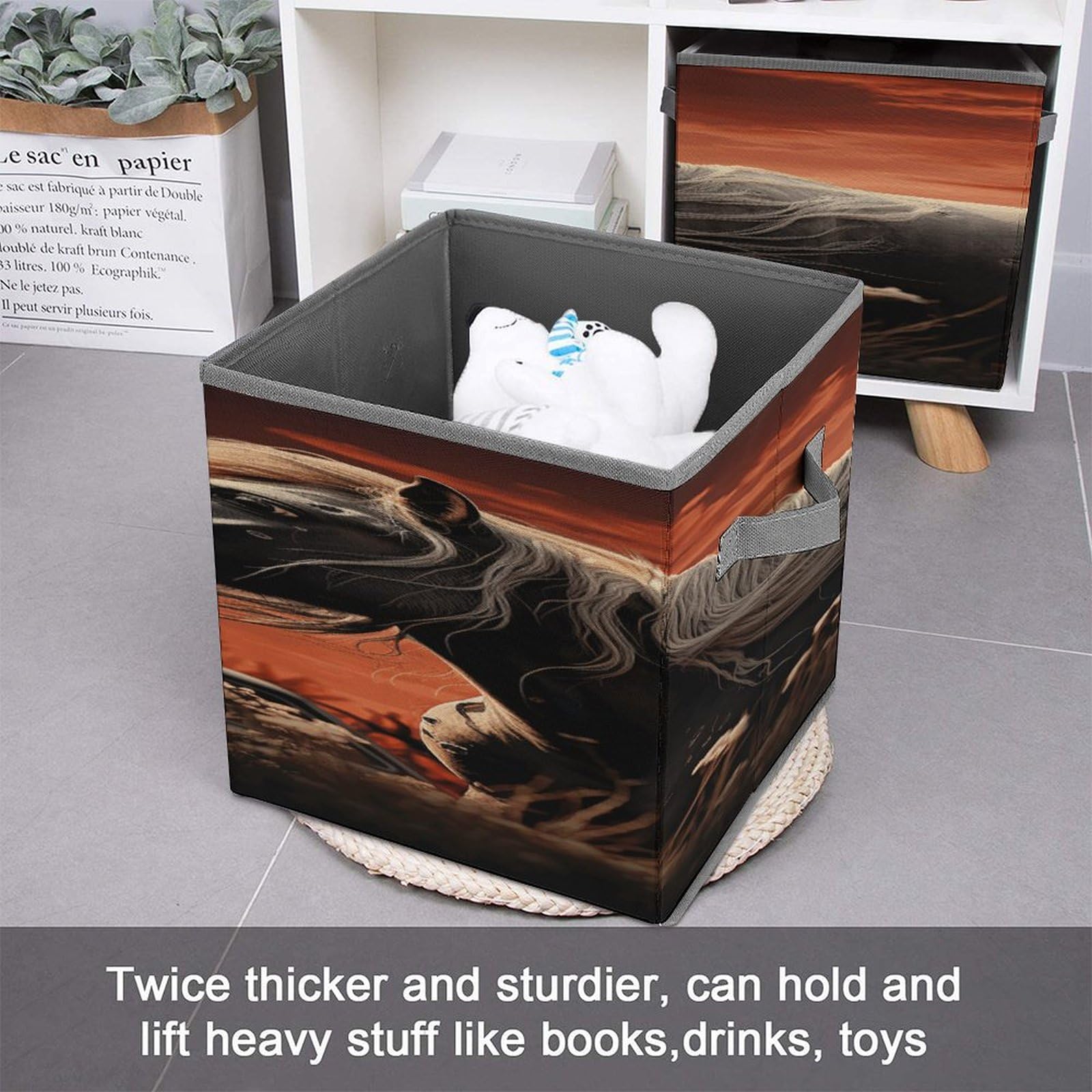 Mustang Printed Collapsible Storage Cubes - 10.6×10.6 Inch Foldable Fabric Bins with Handles for Home Organization | Perfect for Closet, Nursery, Office & Laundry Room Storage
