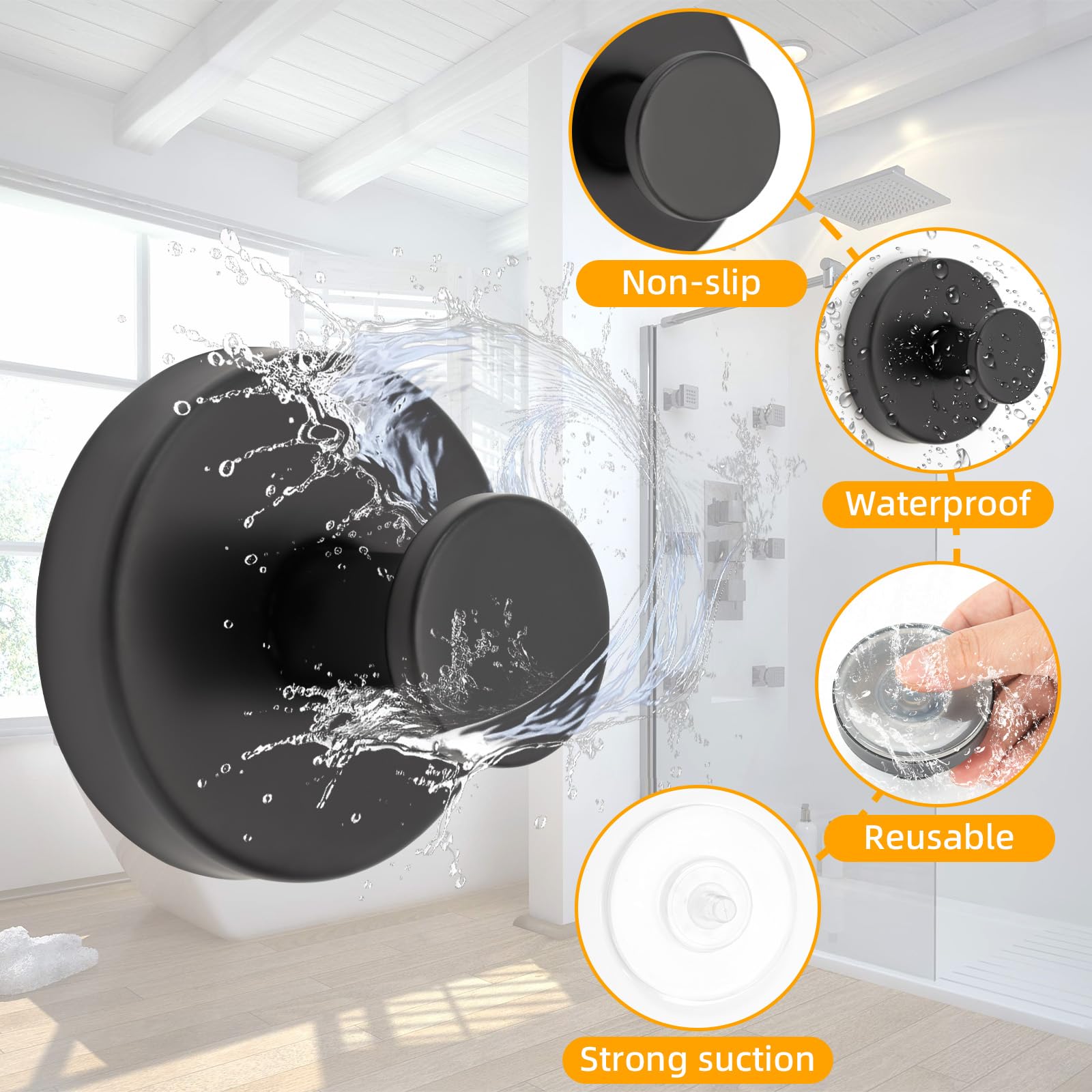 2PCS Shower Hooks with Strong Suction Cups - Heavy Duty Adhesive Bathroom Hooks for Towels, Robes & Accessories - Black Shower Organizer for Bath, Kitchen & Window Use