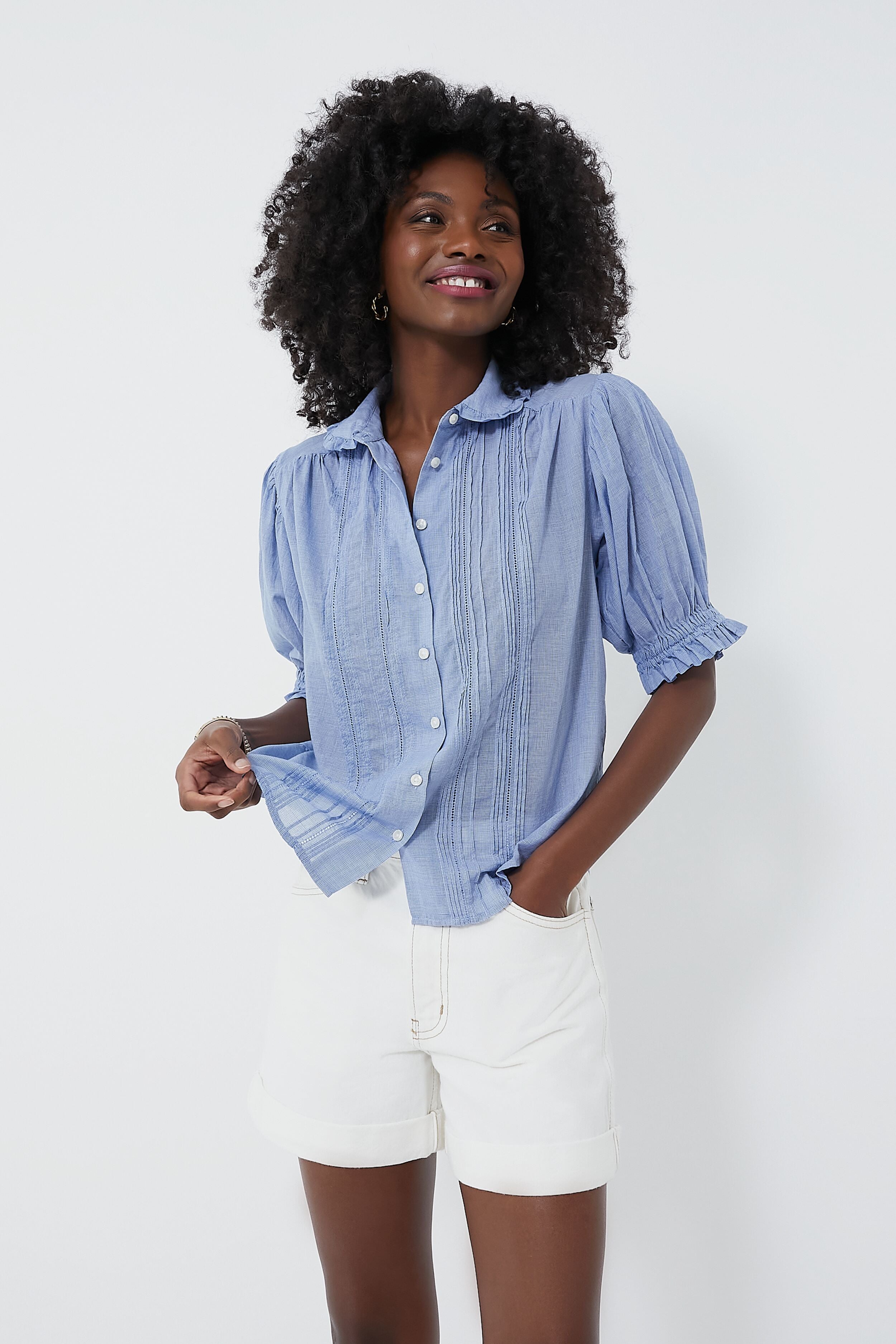 Blue Houndstooth Gemma Blouse for Women - Elegant Vintage Style Button Up Shirt - Perfect for Office, Date Night & Special Occasions