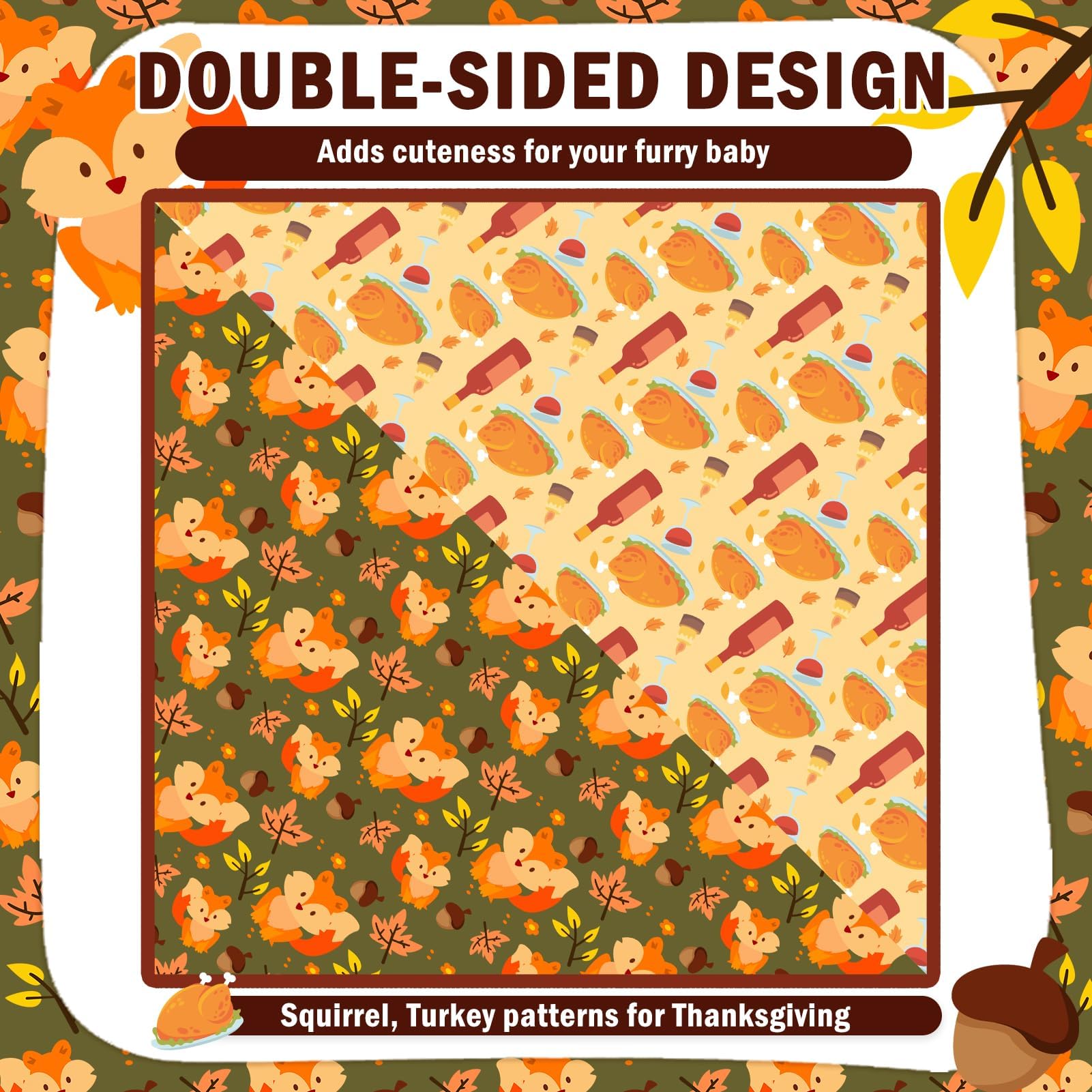 SCENEREAL 2 Pack Fall Dog Bandanas - Reversible Thanksgiving Orange Squirrel Pattern Pet Bandanas for Small Medium Large Dogs | Premium Holiday Dog Scarf for Puppies, Boys & Girls | Perfect for Autumn Walks, Thanksgiving Gatherings & Photo Shoots