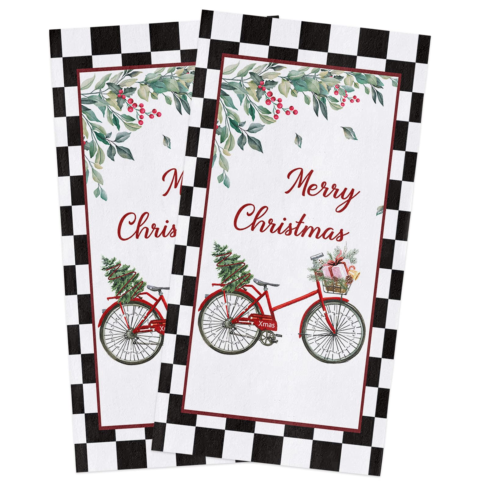 Super Absorbent Microfiber Kitchen Dish Towels 2 Pack - Soft Christmas Themed (Red Bicycle, Tree Patterns) for Cleaning, Drying Dishes | Perfect Holiday Gift for Kitchen, Bathroom & Tea Time