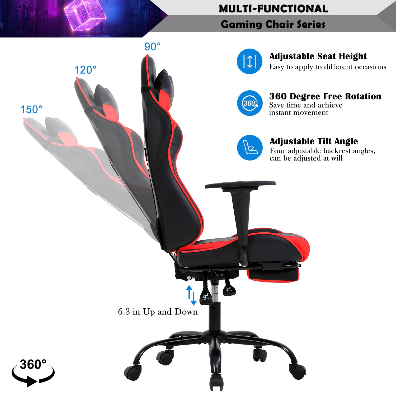 Premium Gaming Chair - Ergonomic Racing Style Office Computer Chair with Adjustable Headrest & Lumbar Support - High Back Recliner Video Game Chair for Adults & Kids (Red) - Perfect for Esports, Streaming & Home Office Setup
