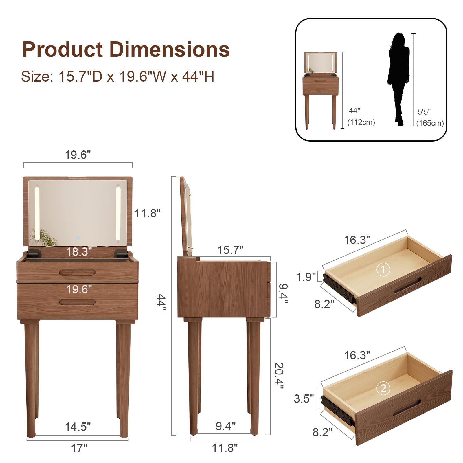 Solid Wood Small Vanity Desk with Flip Top Mirror & Adjustable LED Lights - Compact Dressing Table with Glass Top & Drawers - Space Saving Makeup Desk for Bedroom, Living Room, Apartment (Walnut Finish) - Perfect for Daily Beauty Routine, Small Space Decor & Gift Ideas