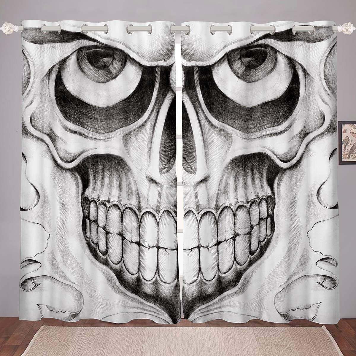 Castle Fairy Skull Grey Halloween Window Curtains - 2 Panels (104W x 90L) with Fierce Teeth Design for Spooky Decor | Perfect for Bedroom, Living Room & Halloween Party Decorations