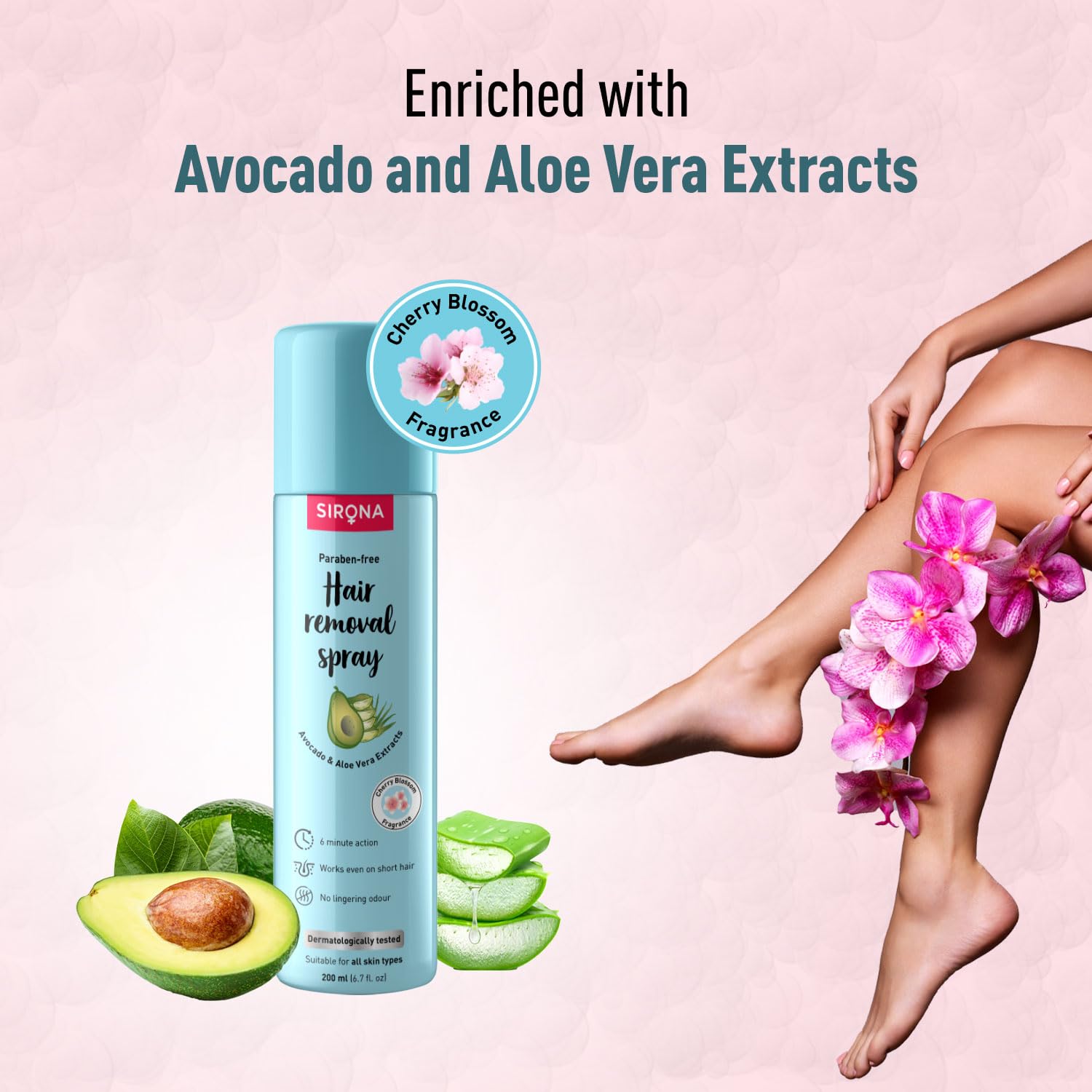 Sirona Hair Removal Spray for Women - Painless Body Hair Removal Cream for Legs, Arms, Underarms & Back | Natural & Safe Formula with Avocado & Aloe Vera Extract | 200ml | Ideal for Smooth Skin at Home, Travel & Quick Hair Removal Before Beach Days