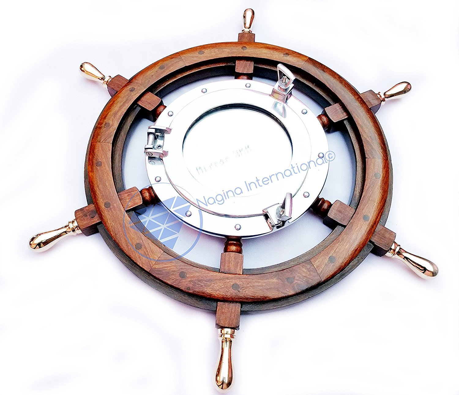 Nautical Brass Handle Aluminum Porthole Mirror with Ship Wheel Design - 30 Inch Coastal Decor for Bathroom, Beach House & Boat | Perfect Gift for Sea Lovers