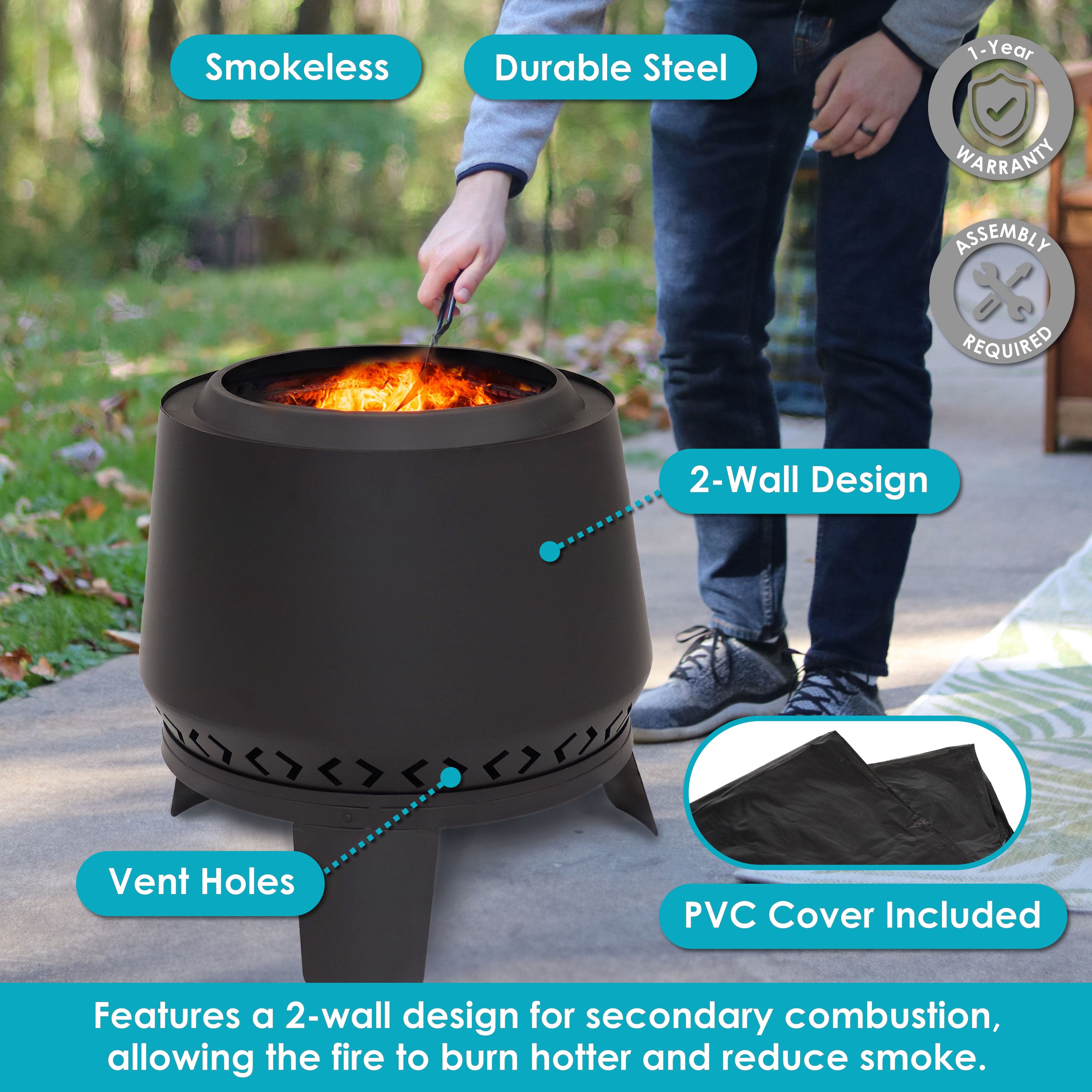 Sunnydaze Arrow Motif Black Steel Smokeless Fire Pit with Cover - 21 Inch Outdoor Fire Bowl for Backyard, Patio, Camping & Garden Gatherings