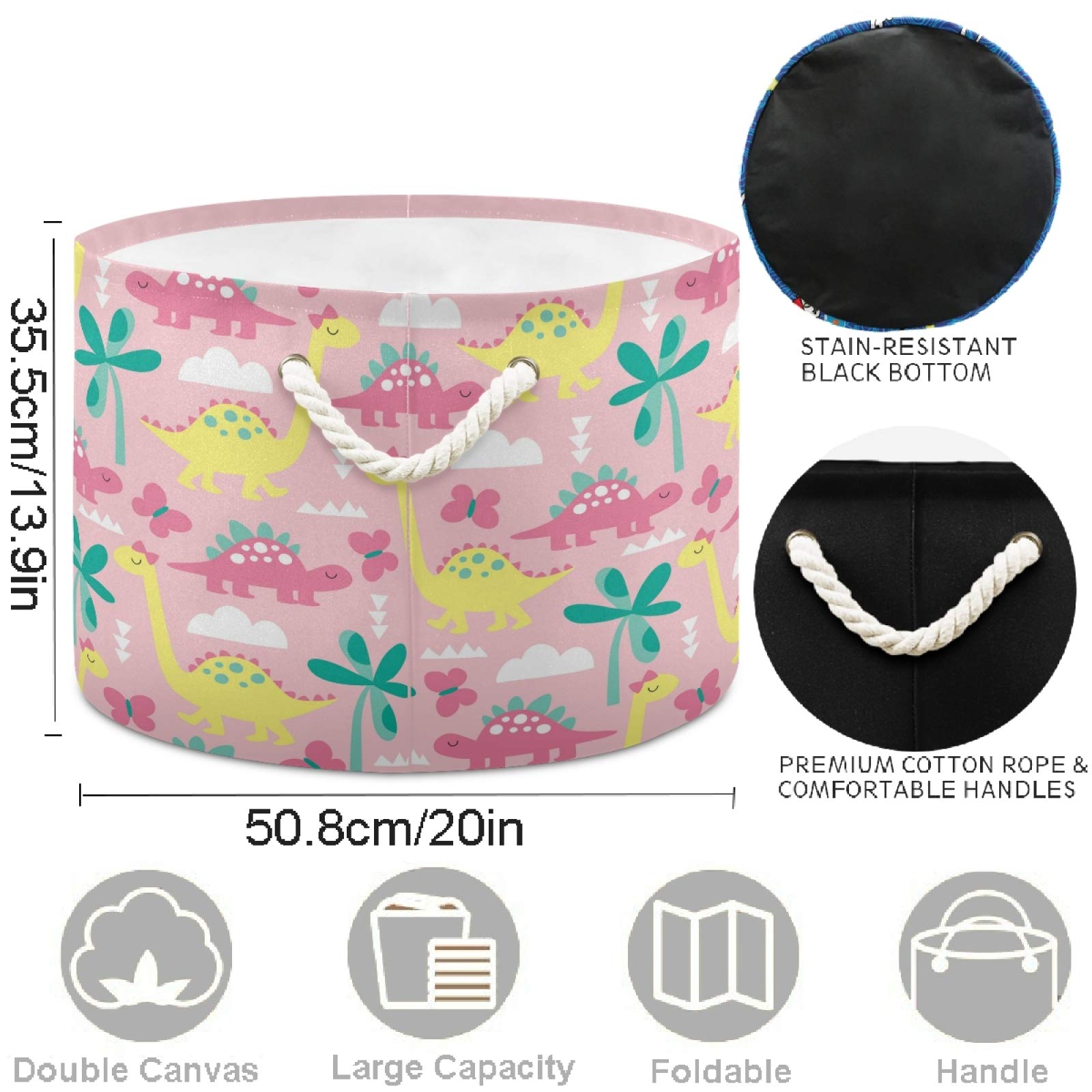 Visesunny Collapsible Large Capacity Storage Basket - Durable Cotton Handles for Clothes, Toys, Laundry (Yellow, Pink, Dinosaur & Butterfly Patterns) | Perfect for Home Organization in Bathroom, Bedroom, Nursery & Closet