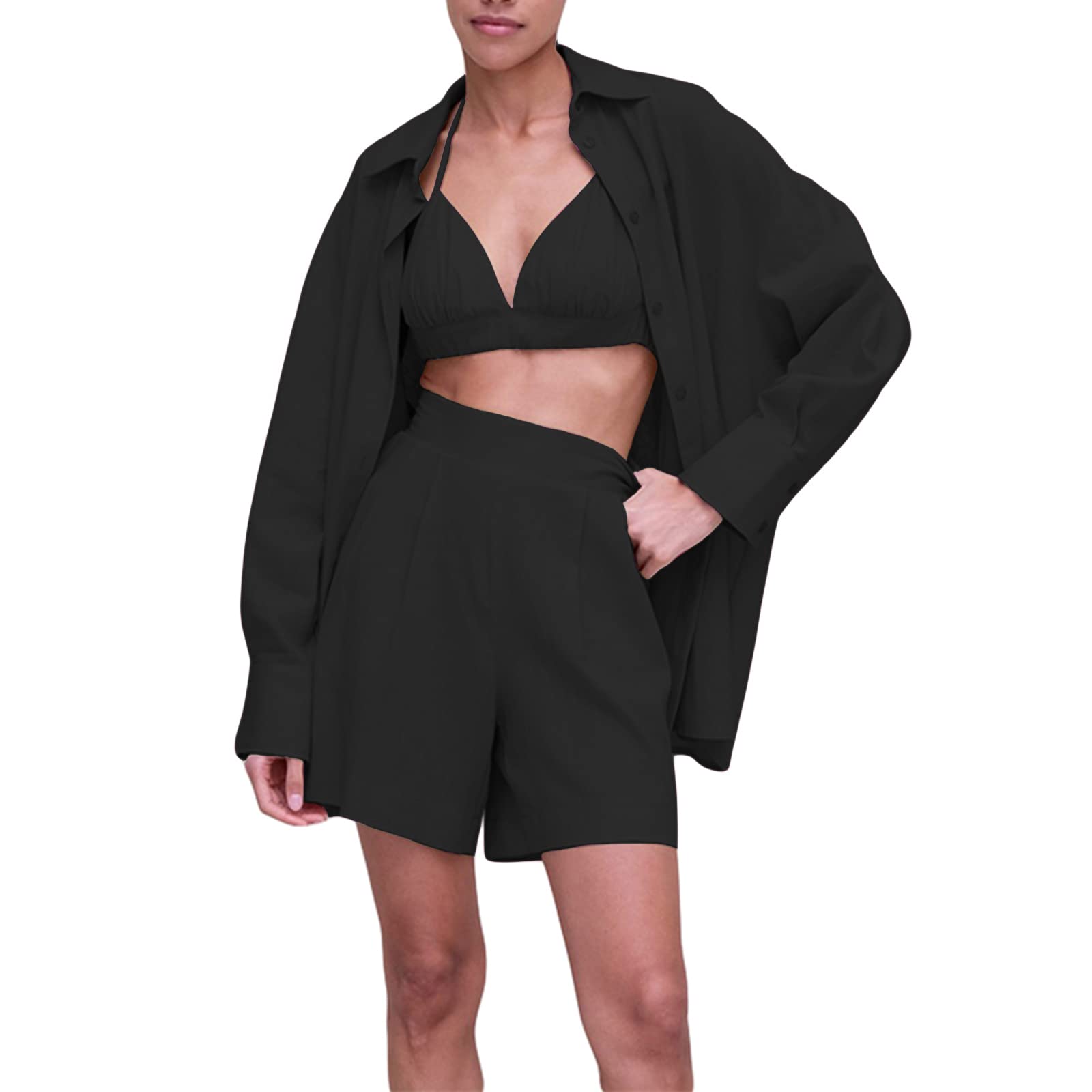 Women's 3-Piece Cotton Linen Casual Outfit Set - Long Sleeve Oversized Shirt, Halter Tank Top & Shorts for Summer & Fall | S/M/L Sizes | Perfect for Beach Vacations, Weekend Outings & Casual Streetwear