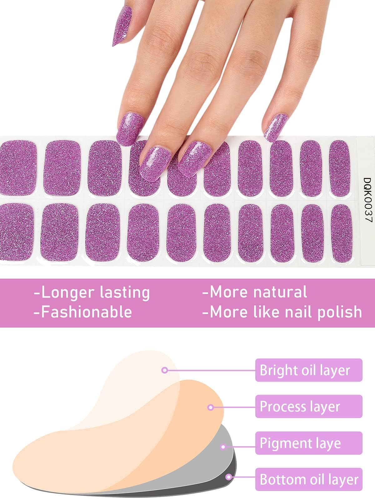 Kalolary Purple Glitter Gel Nail Polish Strips - DIY Summer Nail Art Kit with Waterproof Full Nail Wraps, Cuticle Stick & Nail File - Perfect for Manicures, Parties, Weddings & Special Occasions