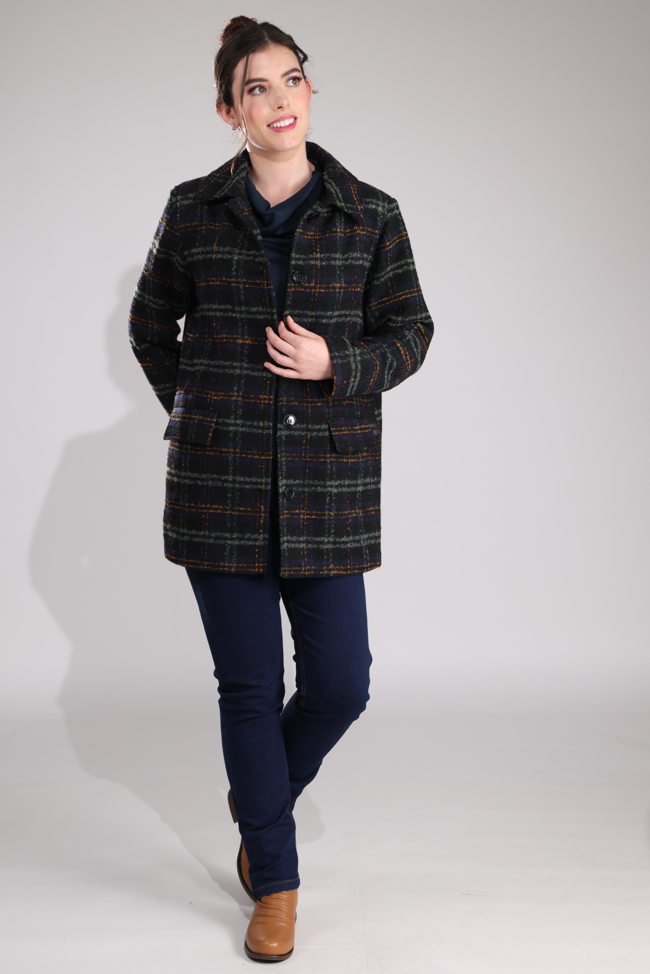 Stylish Fully Lined Short Coat for Women - Multi-Check Pattern 8031B1 | Perfect for Office Wear & Fall Fashion