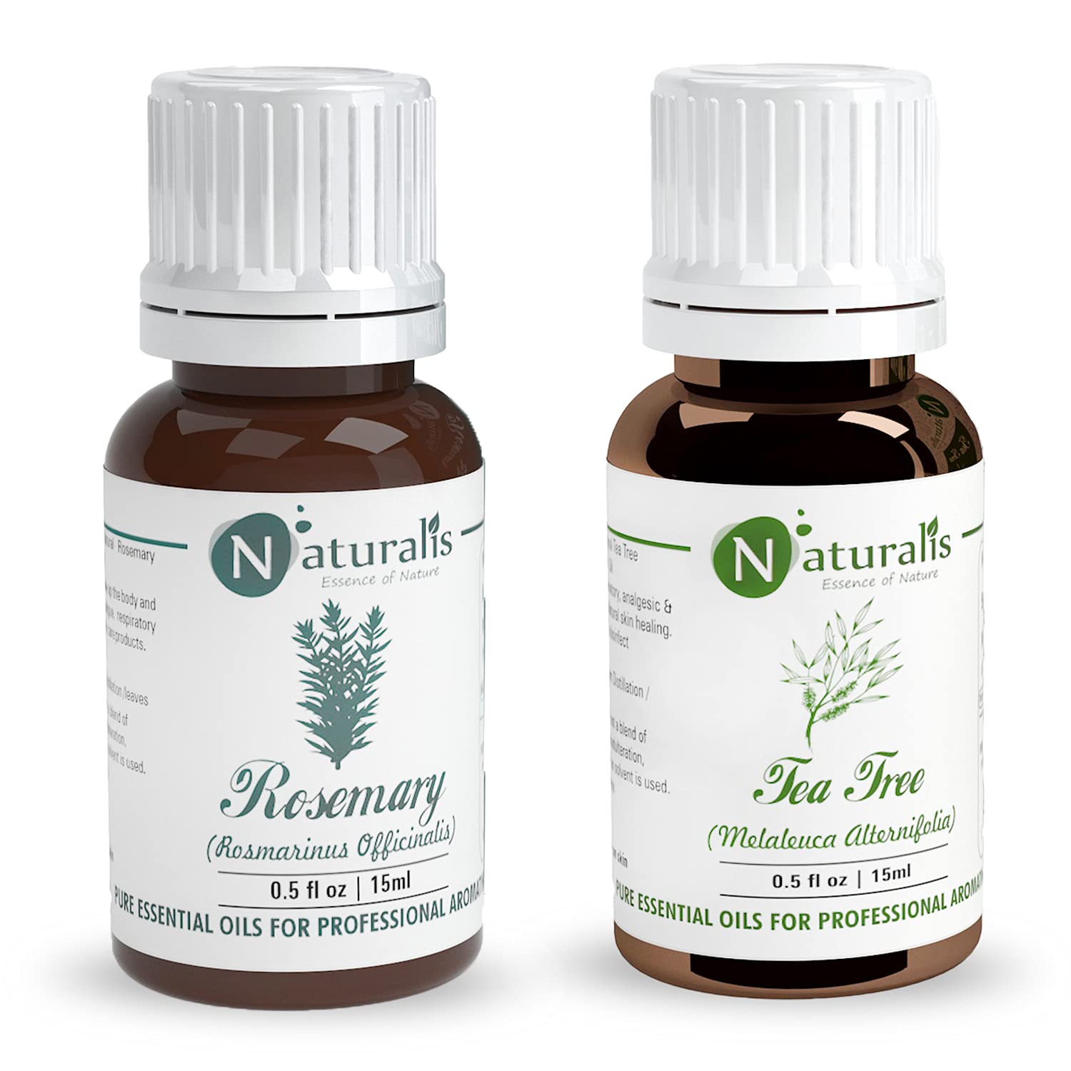 Naturalis Essential Oil Set - 2 Pack (15ml Rosemary Oil & Tea Tree Oil) for Aromatherapy, Skin Care & Hair Growth | Pure Therapeutic Grade Oils for Diffusers, Massage & DIY Beauty