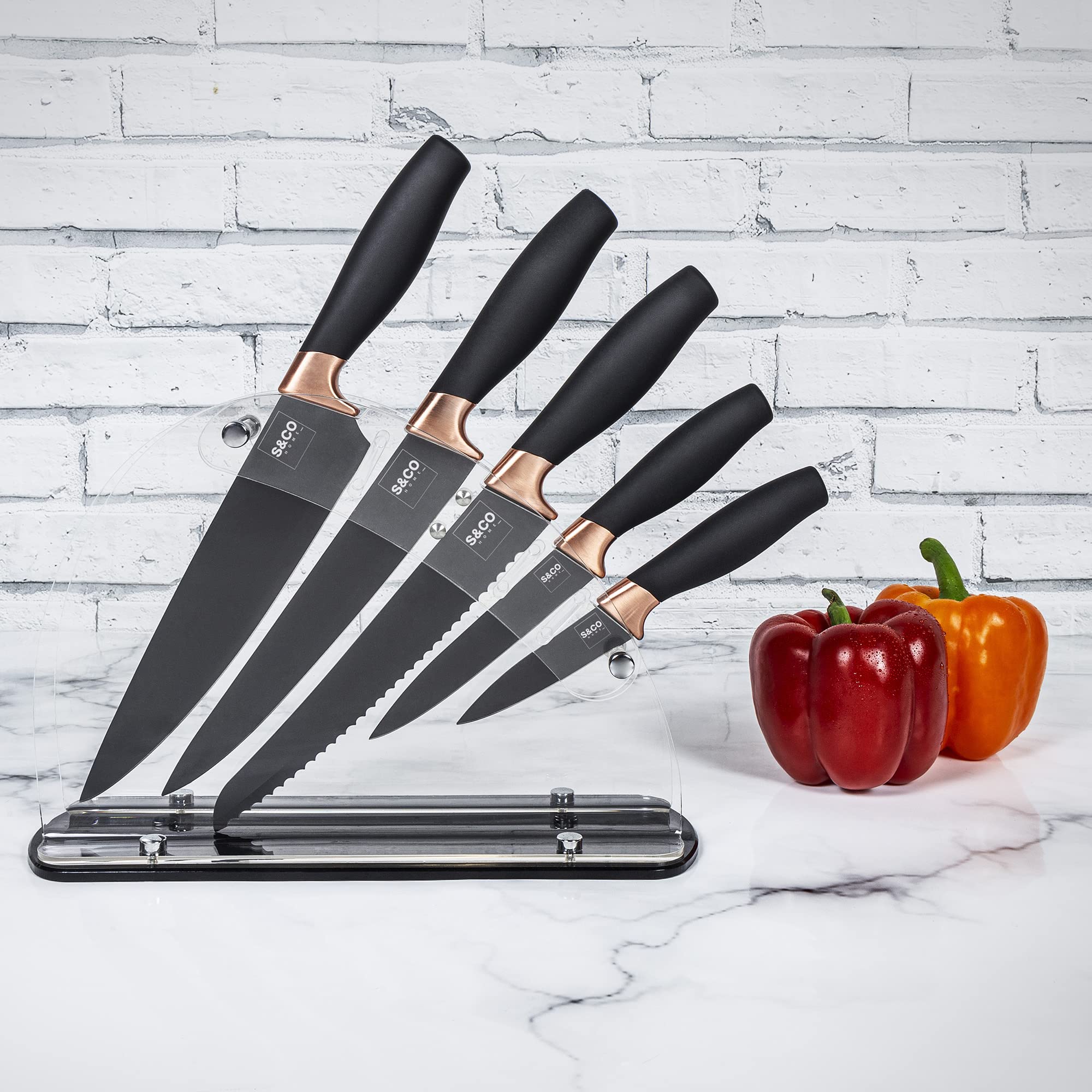 Premium 6-Piece Kitchen Knife Set with Acrylic Block - Ultra Sharp Stainless Steel Knives with Non-Stick Coating - Chef, Bread, Carving, Utility & Paring Knives - Elegant Black & Rose Gold Handles - Perfect for Home Cooking, Professional Chefs & Gift Giving