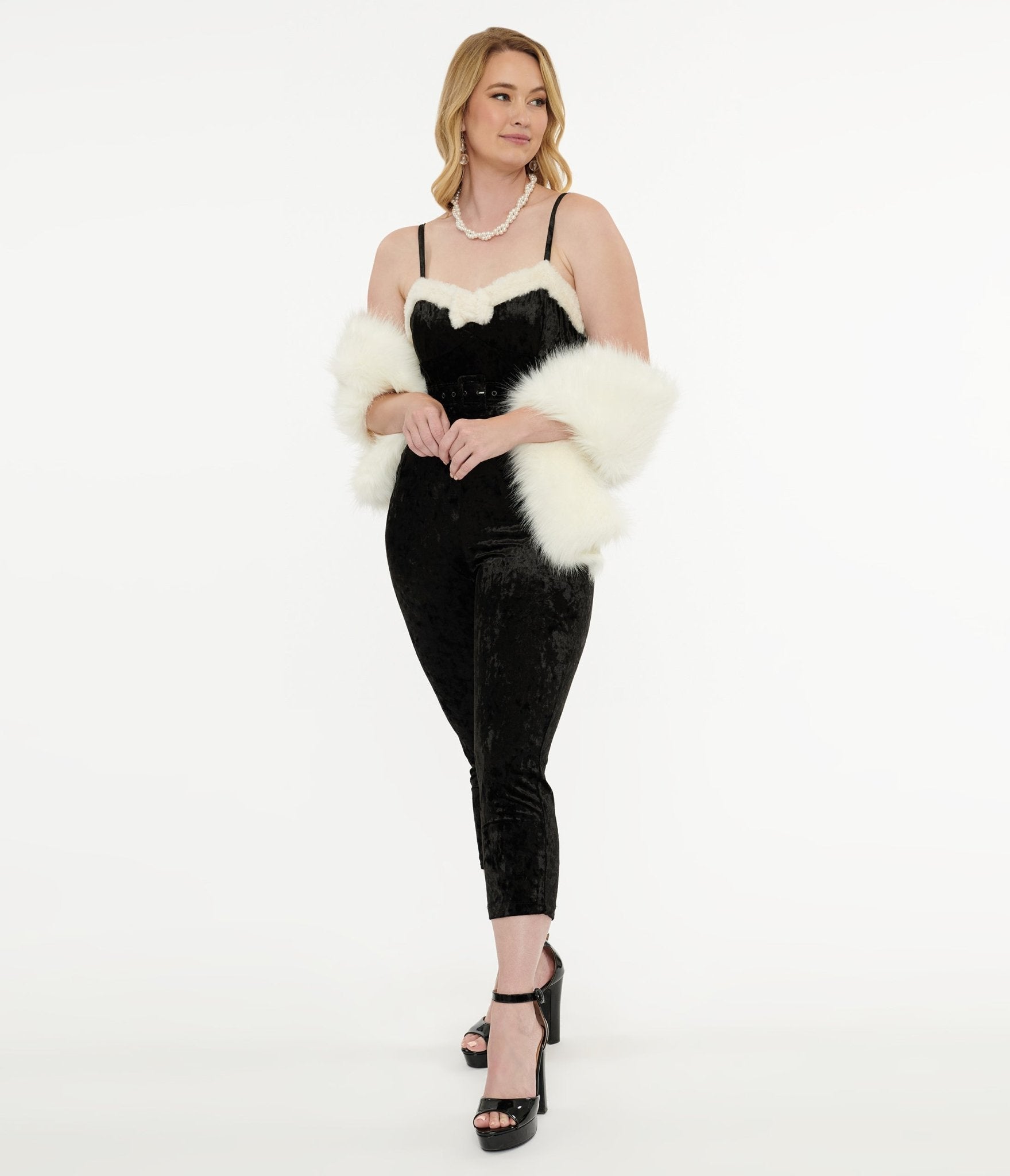 Vintage 1950s Black and White Faux Fur Cropped Jumpsuit - Retro Women's Fashion for Parties, Photo Shoots & Special Occasions