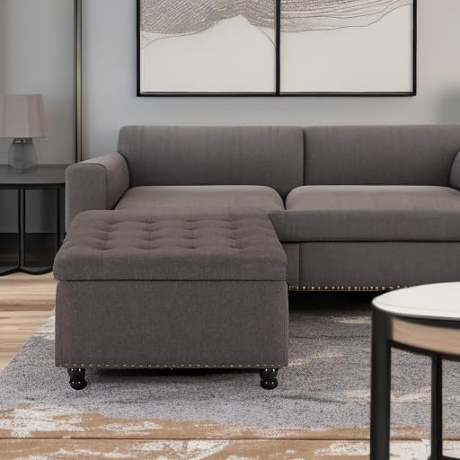 Tbfit Large Square Storage Ottoman Bench - Tufted Upholstered Coffee Table with Hidden Storage | Oversized Toy Box & Footrest for Living Room, Bedroom & Nursery | Dark Grey Ottoman for Home Organization & Extra Seating