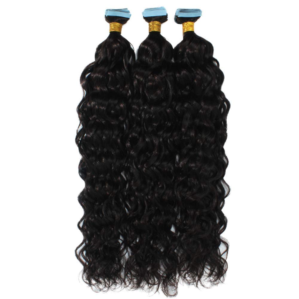 Brazilian Virgin Human Hair Extensions 100g 40pcs - Water Wave Tape-in Skin Weft with Curly Adhesive for Natural Look (26inch, Jet Black #1) | Perfect for Parties, Weddings & Daily Styling