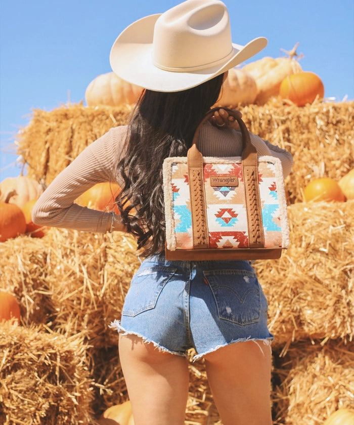 Wrangler Aztec Sherpa Trim Crossbody Purse Set for Women - Stylish Boho Shoulder Bag with Fringe Detail - Perfect for Casual Outings, Music Festivals & Travel Accessories