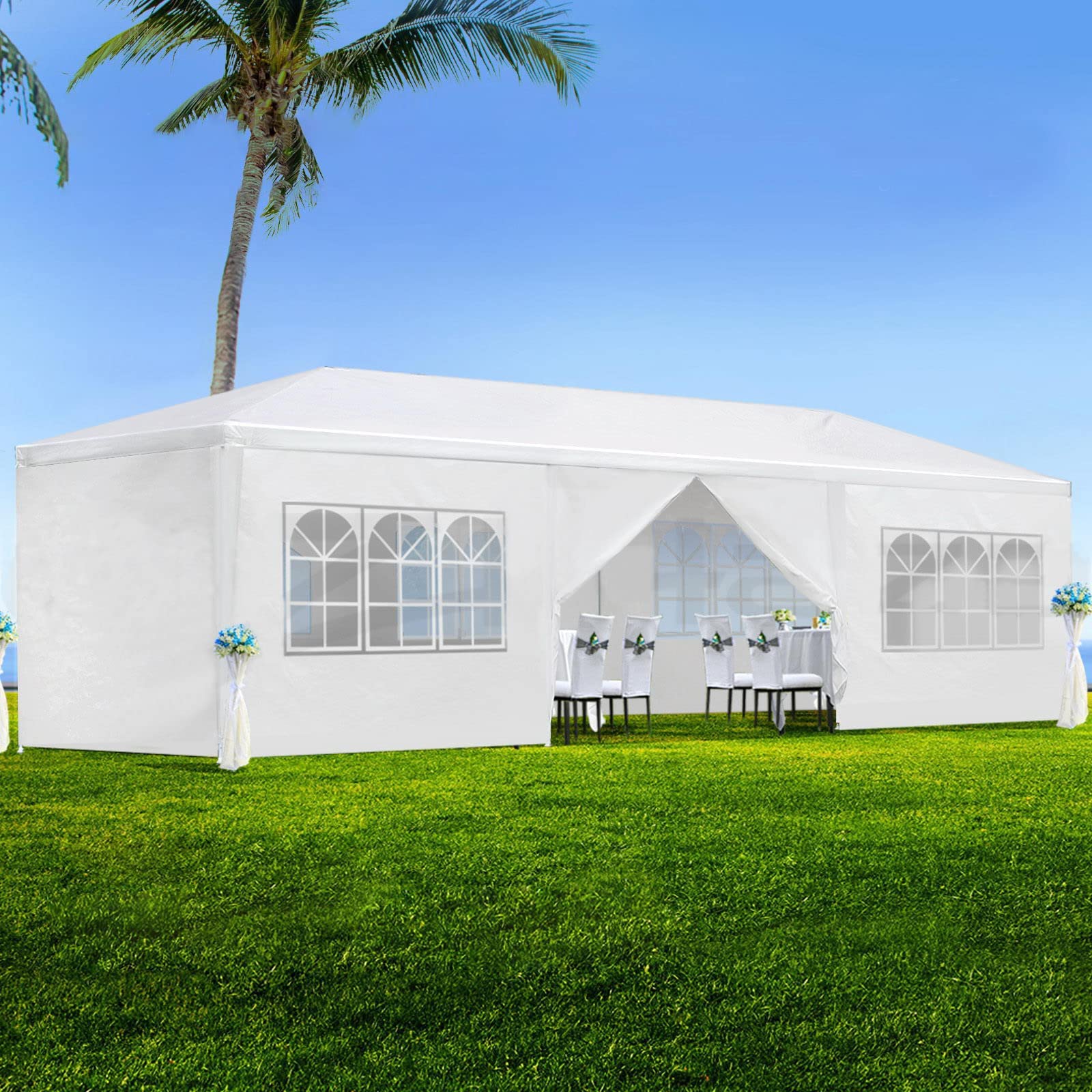 10'x30' White Outdoor Party Tent with 8 Removable Sidewalls & Transparent Windows - Large Wedding, Birthday Canopy Tent for Garden, Patio, Backyard Events - Perfect for Outdoor Gatherings, BBQ Parties & Festivals