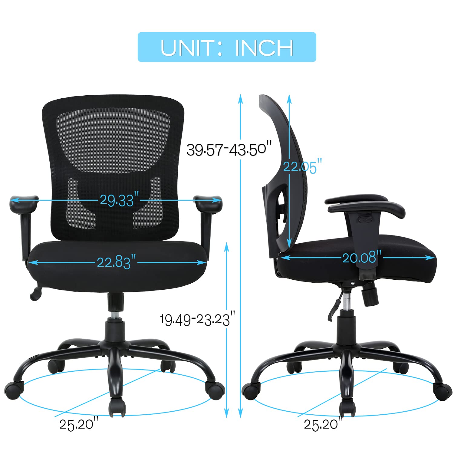 Big & Tall Office Chair 400 lbs Capacity - Heavy Duty Ergonomic Mesh Computer Desk Chair with Adjustable Height, Lumbar Support & Rolling Wheels for Home & Office Use - Perfect for Large & Tall Individuals (Black)