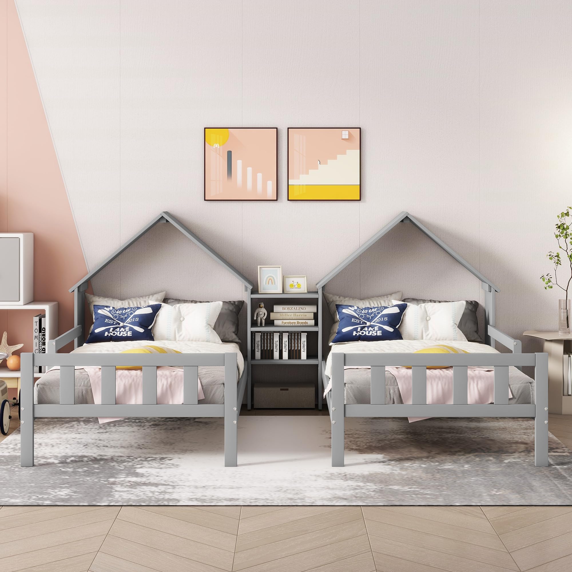 Harper & Bright Designs Wooden Double Twin House Bed Frame for Kids with House-Shaped Headboard & Built-in Nightstand - Side by Side Montessori Twin Beds for Boys & Girls in Grey - Perfect for Shared Kids' Rooms, Playrooms & Montessori Bedrooms