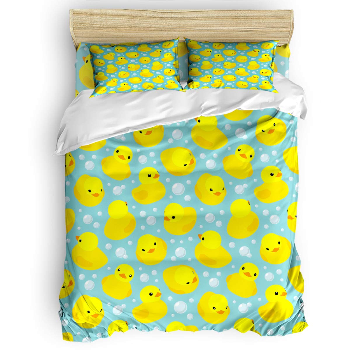 **4-Piece Kids Bed Sheet Set with Yellow Ducks & Water Bubble Design - Queen Size Duvet Cover, Fitted Sheet & 2 Pillowcases - Soft & Fun Bedding for Boys & Girls - Perfect for Kids' Rooms, Sleepovers & Playtime**