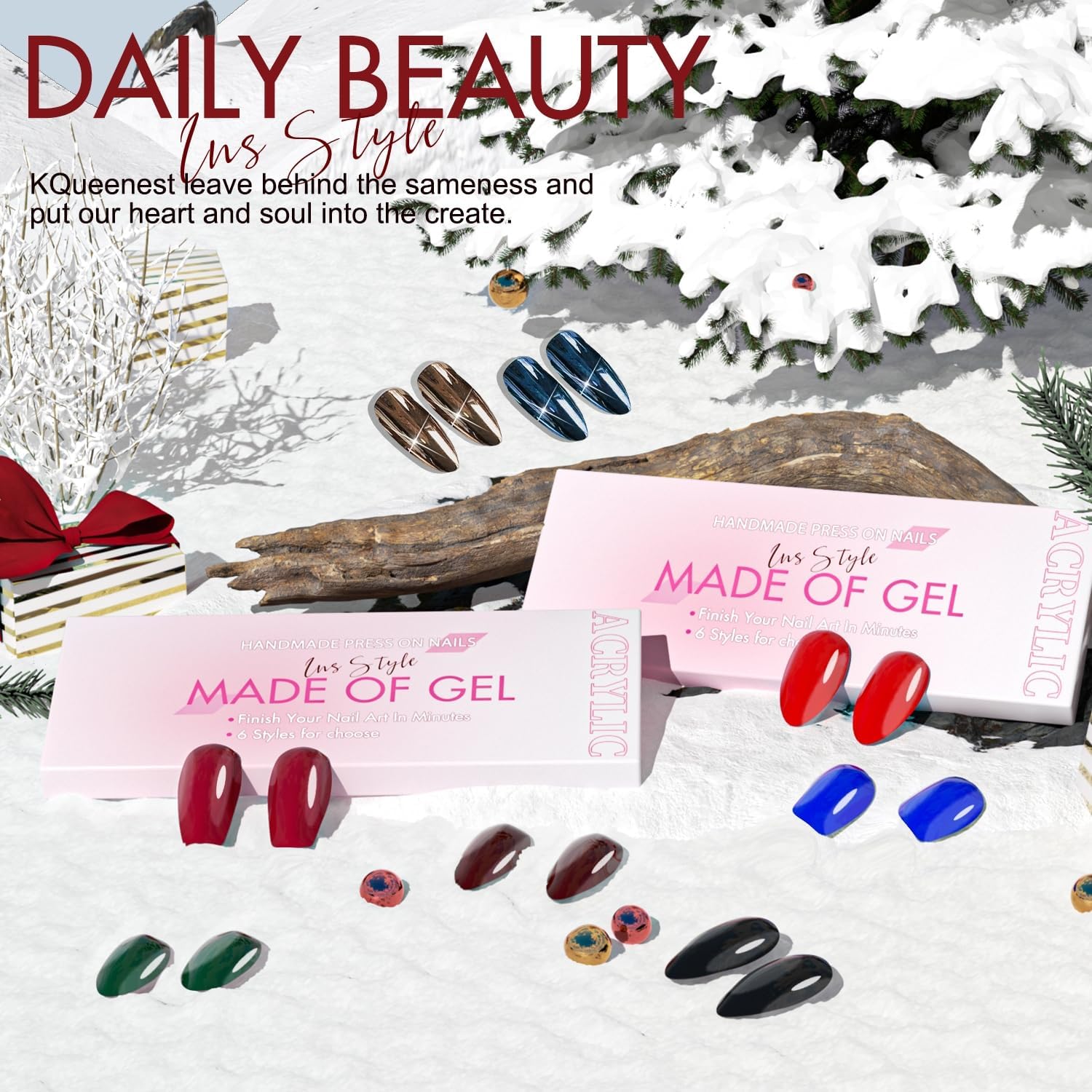 6 Packs Chrome Press On Nails Short & Medium - KQueenest Acrylic Fake Nails Square Shape with Metallic Glitter - 144 Pcs Stick On Nails for Women - Perfect for Parties, Weddings & Special Occasions