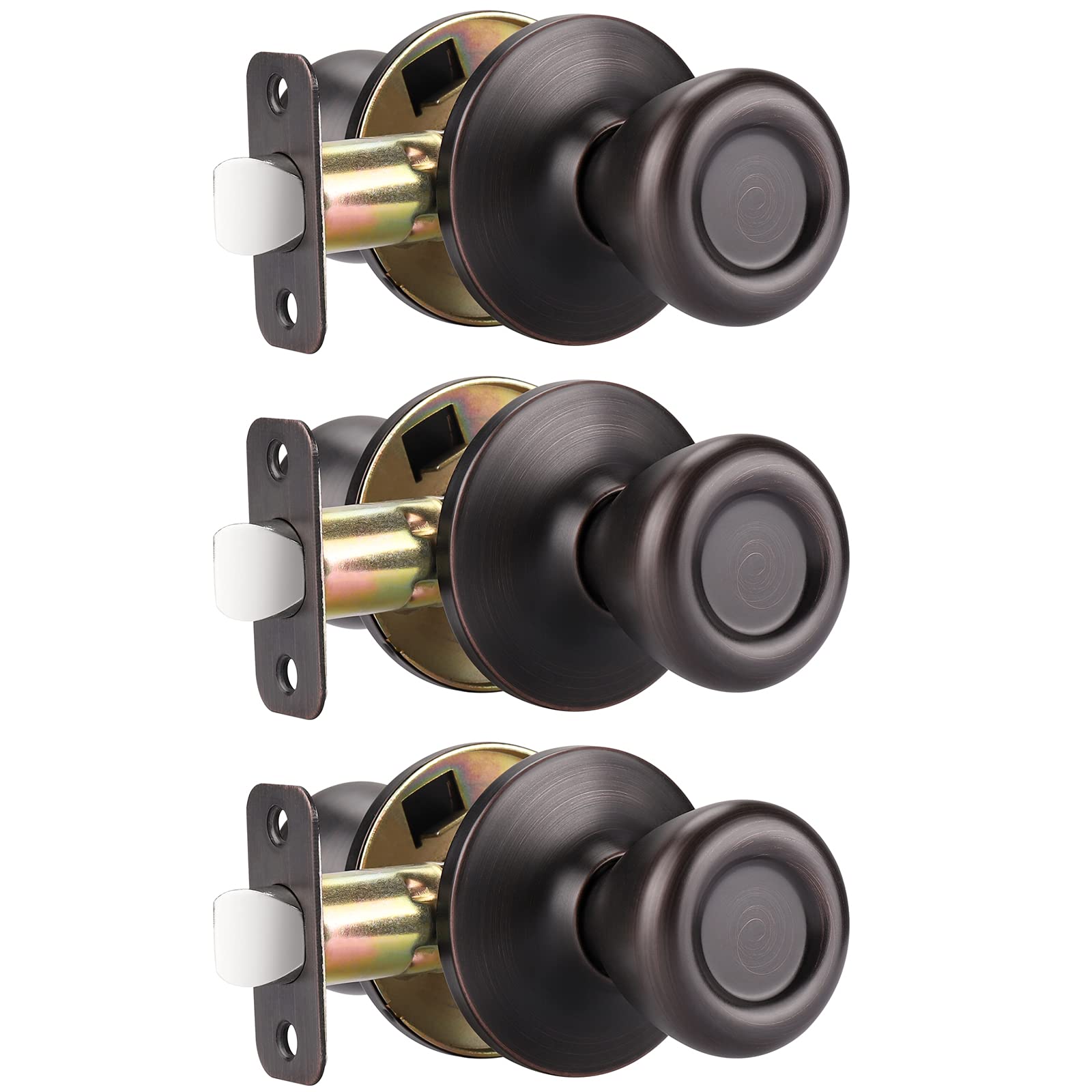 GOBEKOR 3 Pack Oil Rubbed Bronze Keyless Passage Door Knobs - Interior Closet Door Knob with Lock, Tulip Design for Hallway, Bedroom & Bathroom Doors