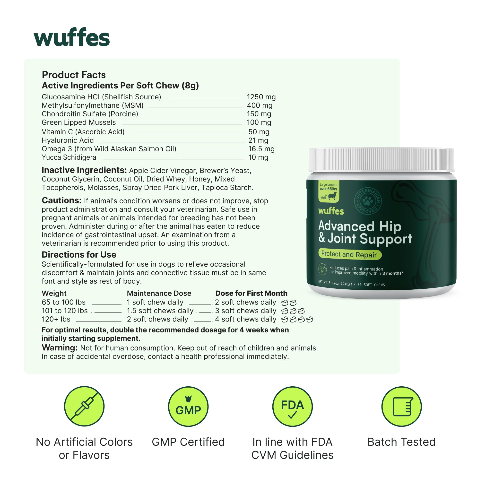 Wuffes Glucosamine & Chondroitin Dog Joint Supplement Chews - Hip & Joint Support for Large Breed Dogs Over 65 lbs - 120 Chews (2 Packs) - Supports Mobility & Joint Health for Active & Senior Dogs