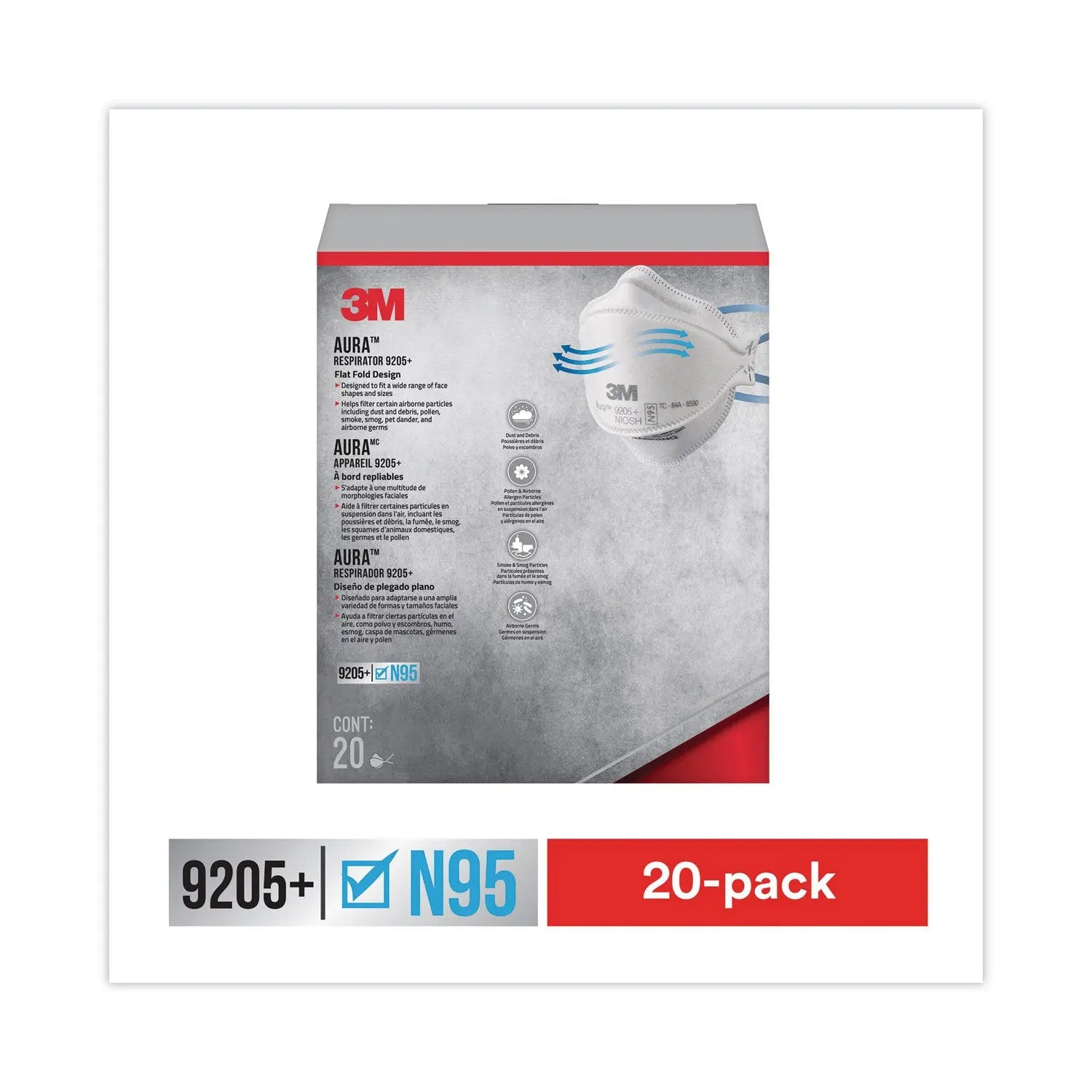 3M™ Aura Particulate Respirator 9205+ N95 Mask - One Size Fits Most - 20 Pack - Dust, Pollen & Air Pollution Protection for Construction, Woodworking & Healthcare Workers