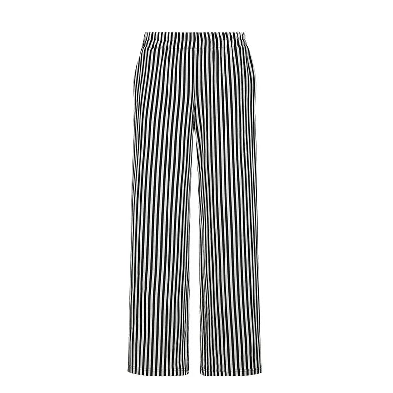Black and White Striped Elastic Waist Wide Leg Pants for Women - 2024 Fall Casual Trousers with Comfort Fit (P67 BF40) - Perfect for Office Wear, Weekend Outings & Travel