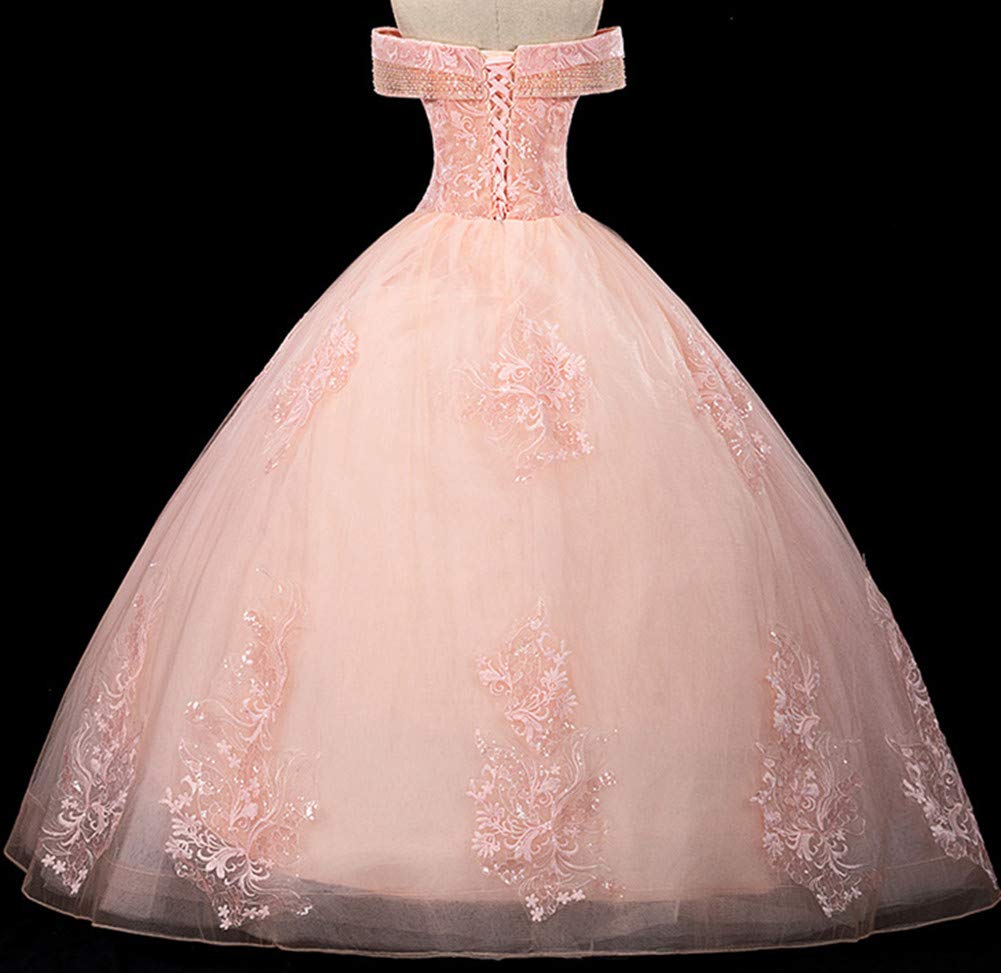 Elegant Off Shoulder Beaded Quinceanera Ball Gown - Women's Formal Applique Dress in Pale Pink for Prom, Wedding & Special Occasions