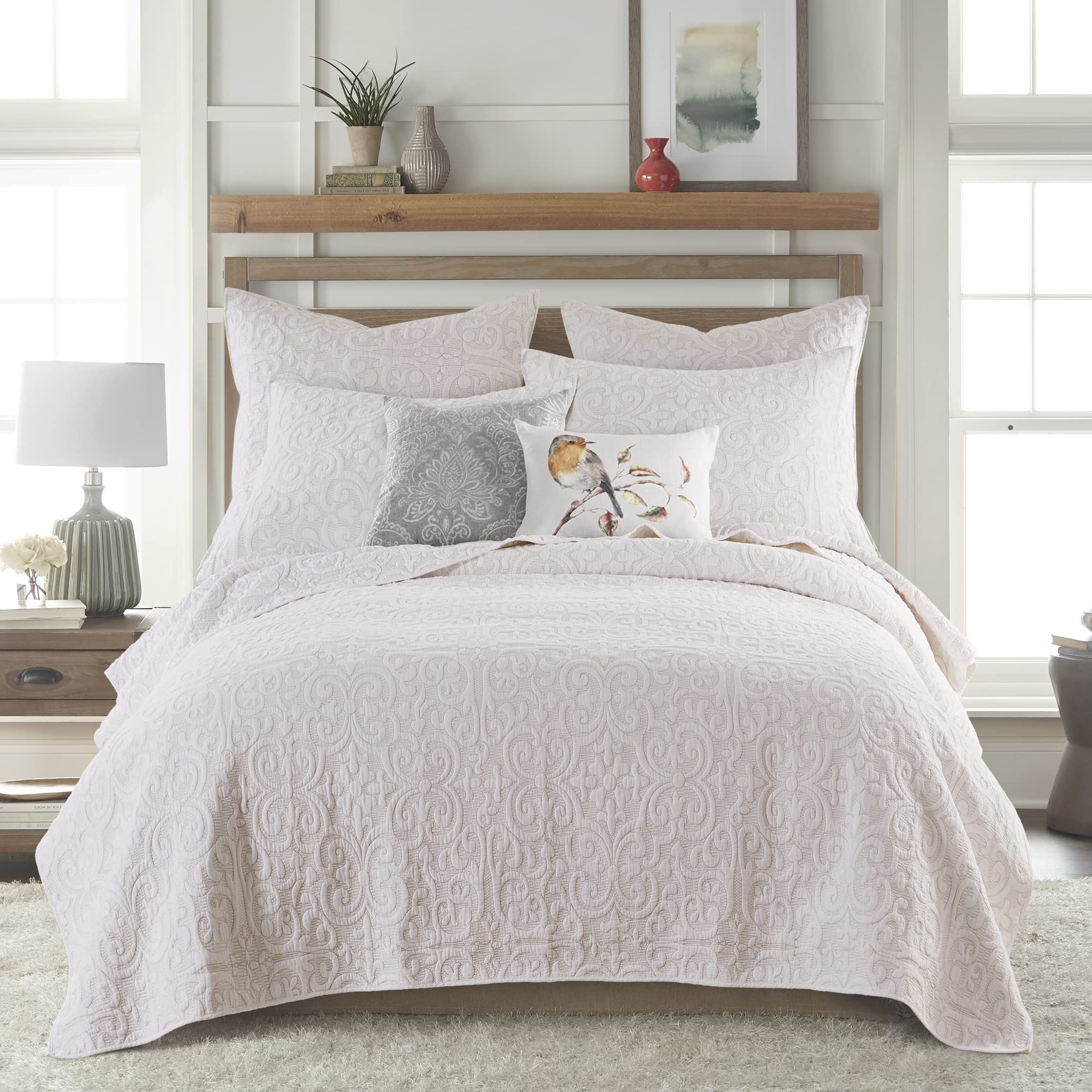 Levtex Home Sherbourne Cream Taupe Stitch Quilt - Twin Size (68x86 Inches) - Reversible Cotton Polyester Blend - Quilted Medallion Design - Perfect for Bedroom, Guest Room & Cozy Home Decor