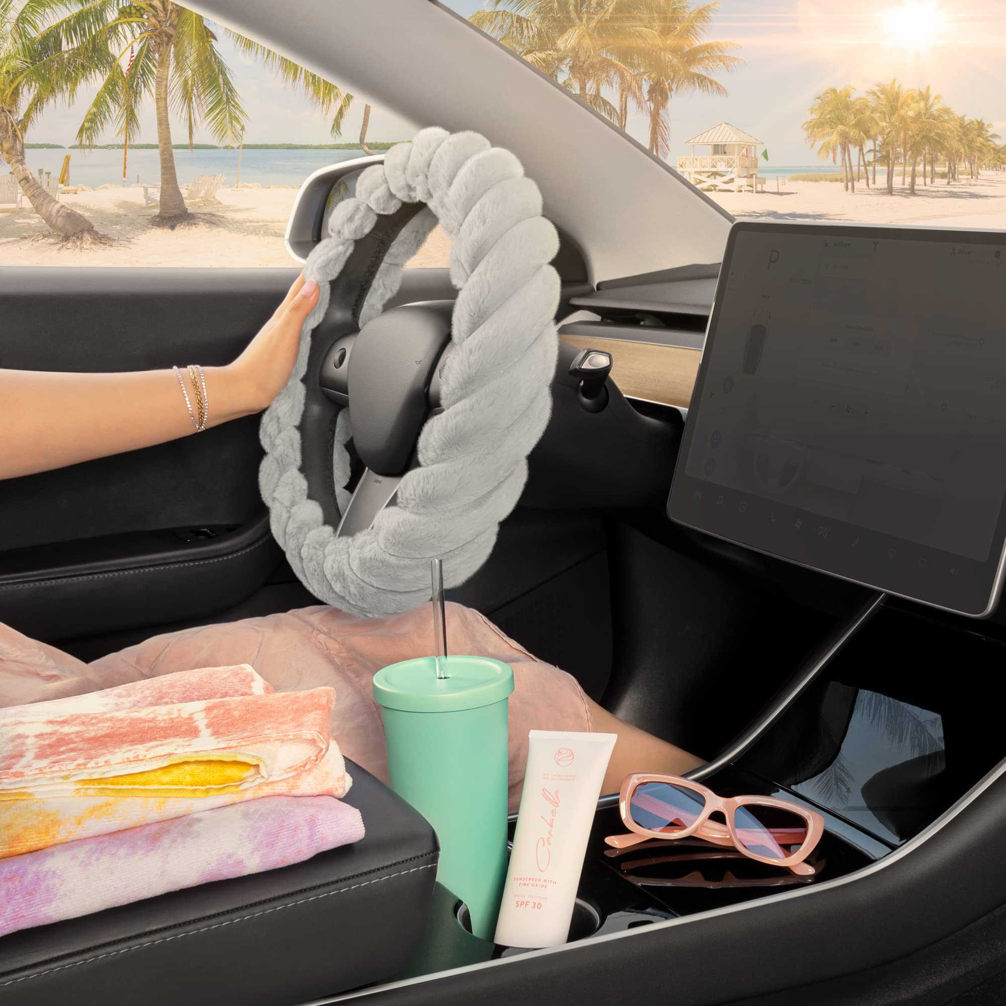 Soft Faux Fur Steering Wheel Cover - 15 Inch, Gray, for Women - Cozy Driving in Winter
