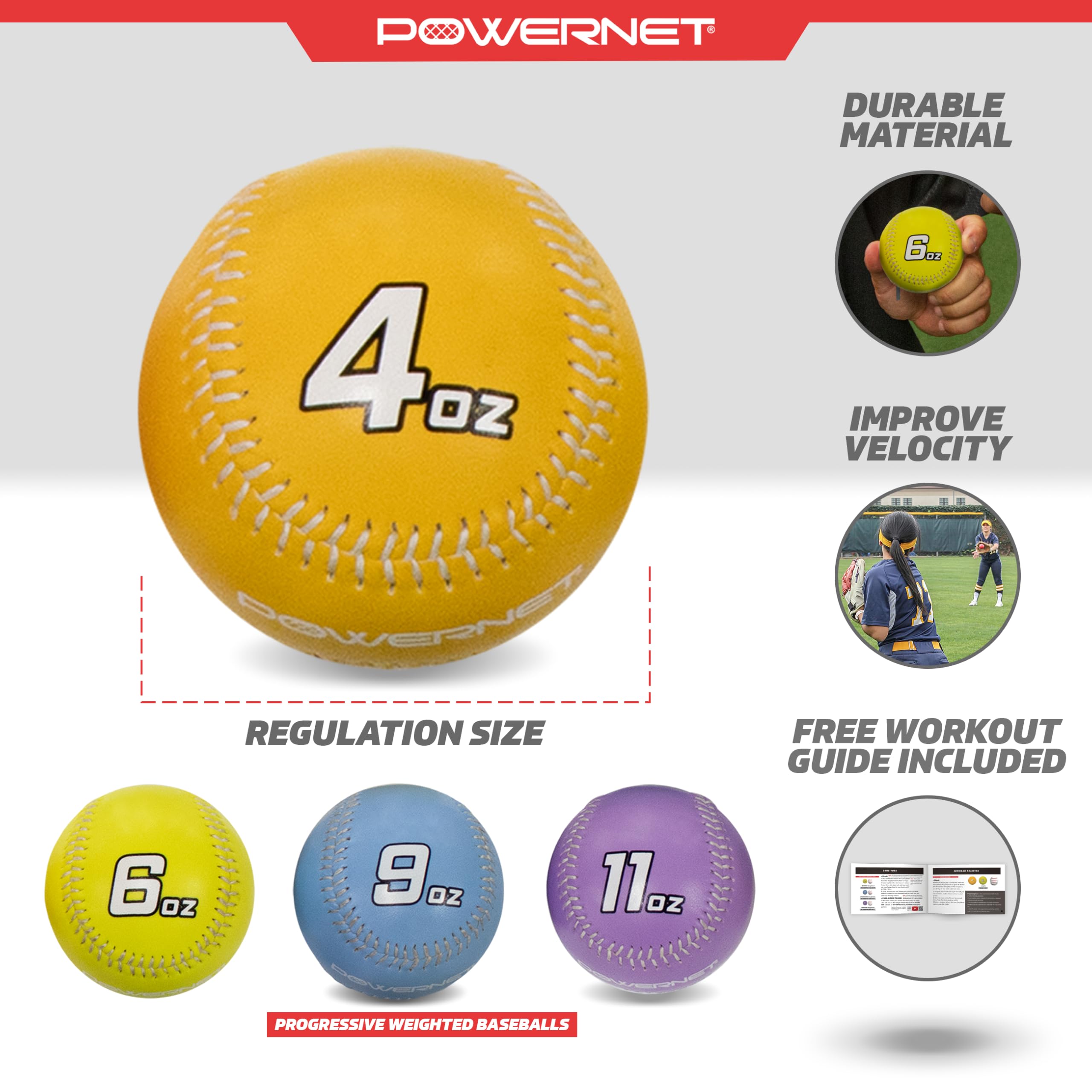 PowerNet Weighted Baseball Training Bundle - Heavy Weighted Baseballs for Pitching, Throwing & Long Toss - Strength Building Equipment for Pitchers & Baseball Players - Perfect for Practice, Command Training & Core Workouts