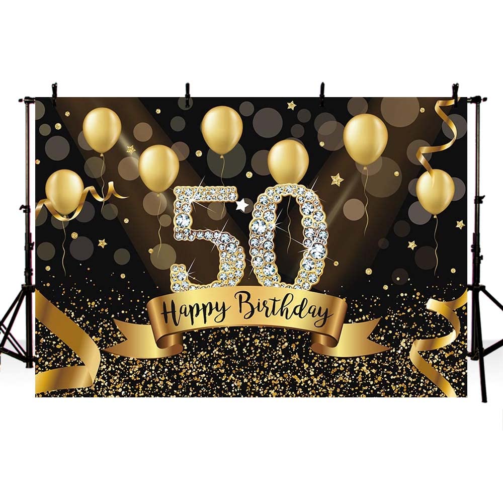 Sendy 7x5ft Happy 50th Birthday Backdrop - Black & Gold Photo Booth Banner for 50th Birthday Party Decorations & Anniversary Celebrations | Perfect for Milestone Birthdays, Photoshoots & Event Backdrops