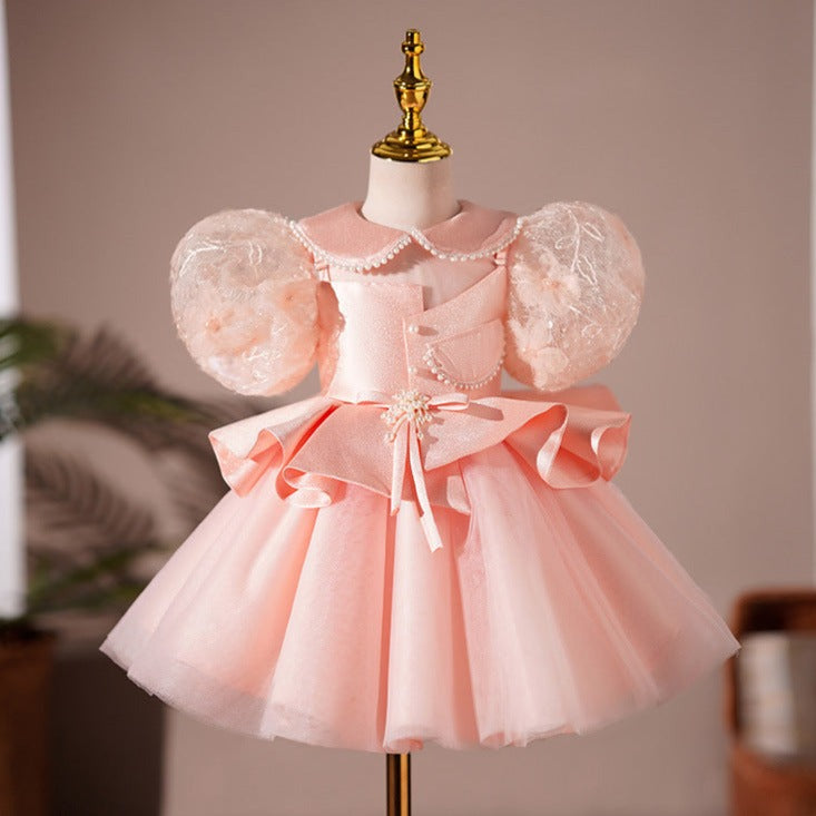 Satin Princess Flower Girl Dress with Lace Beaded Collar - Tea Length Formal Gown for Weddings, Baptisms & Special Occasions
